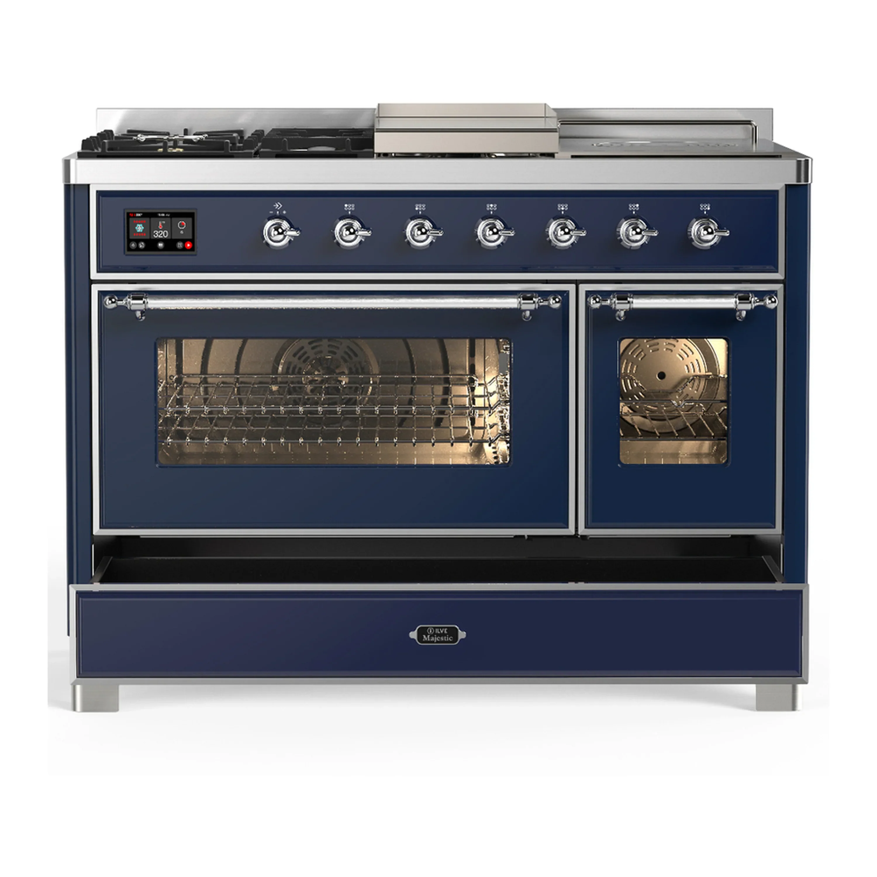 ILVE Majestic III 48-inch Dual Fuel Range with 5 Natural Gas Burner, Griddle, French Top and Triple Glass Door Electric Oven in Midnight Blue with Chrome Trim (UM48FSNR3MBC) - Image 3