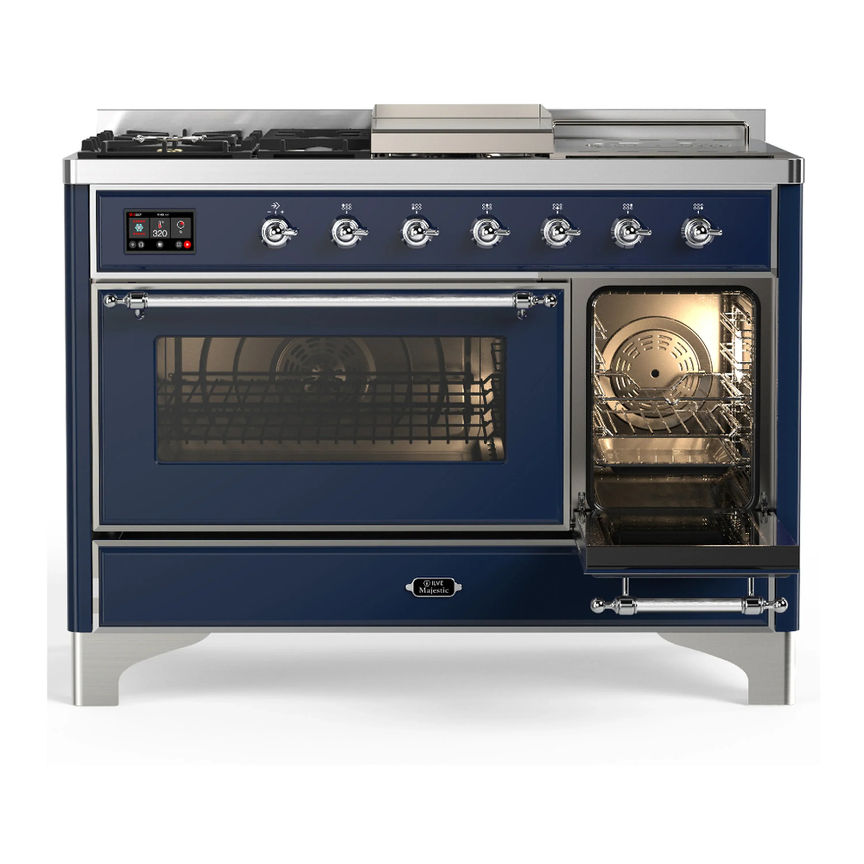 ILVE Majestic III 48-inch Dual Fuel Range with 5 Natural Gas Burner, Griddle, French Top and Triple Glass Door Electric Oven in Midnight Blue with Chrome Trim (UM48FSNR3MBC) - Image 4