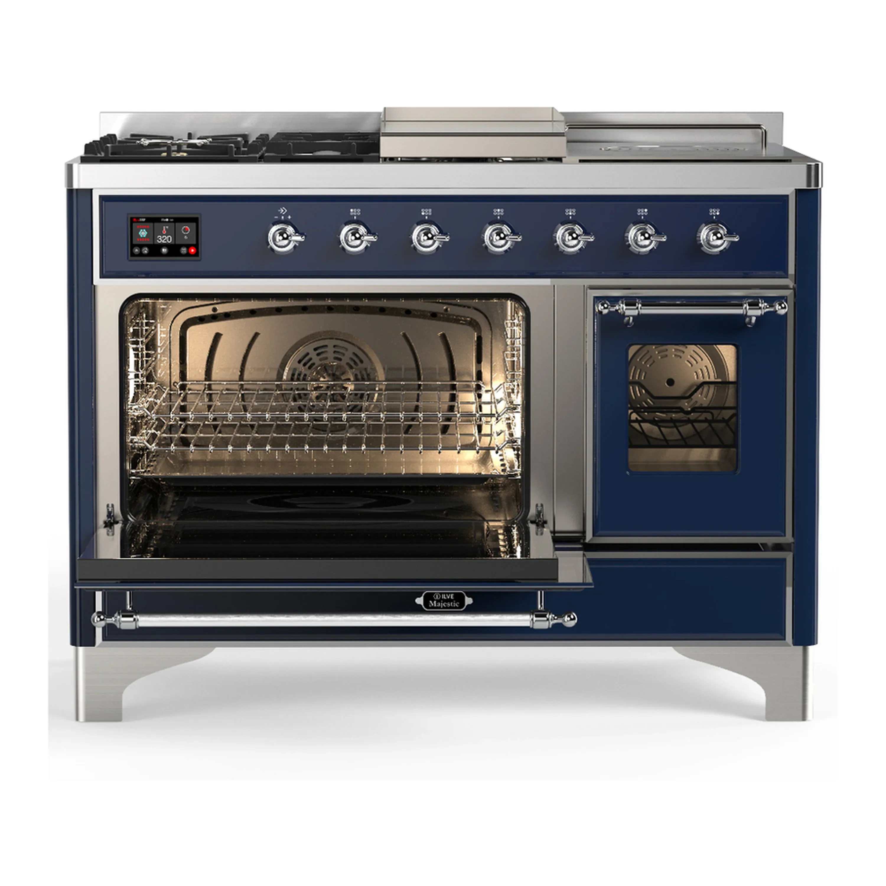 ILVE Majestic III 48-inch Dual Fuel Range with 5 Natural Gas Burner, Griddle, French Top and Triple Glass Door Electric Oven in Midnight Blue with Chrome Trim (UM48FSNR3MBC) - Image 5