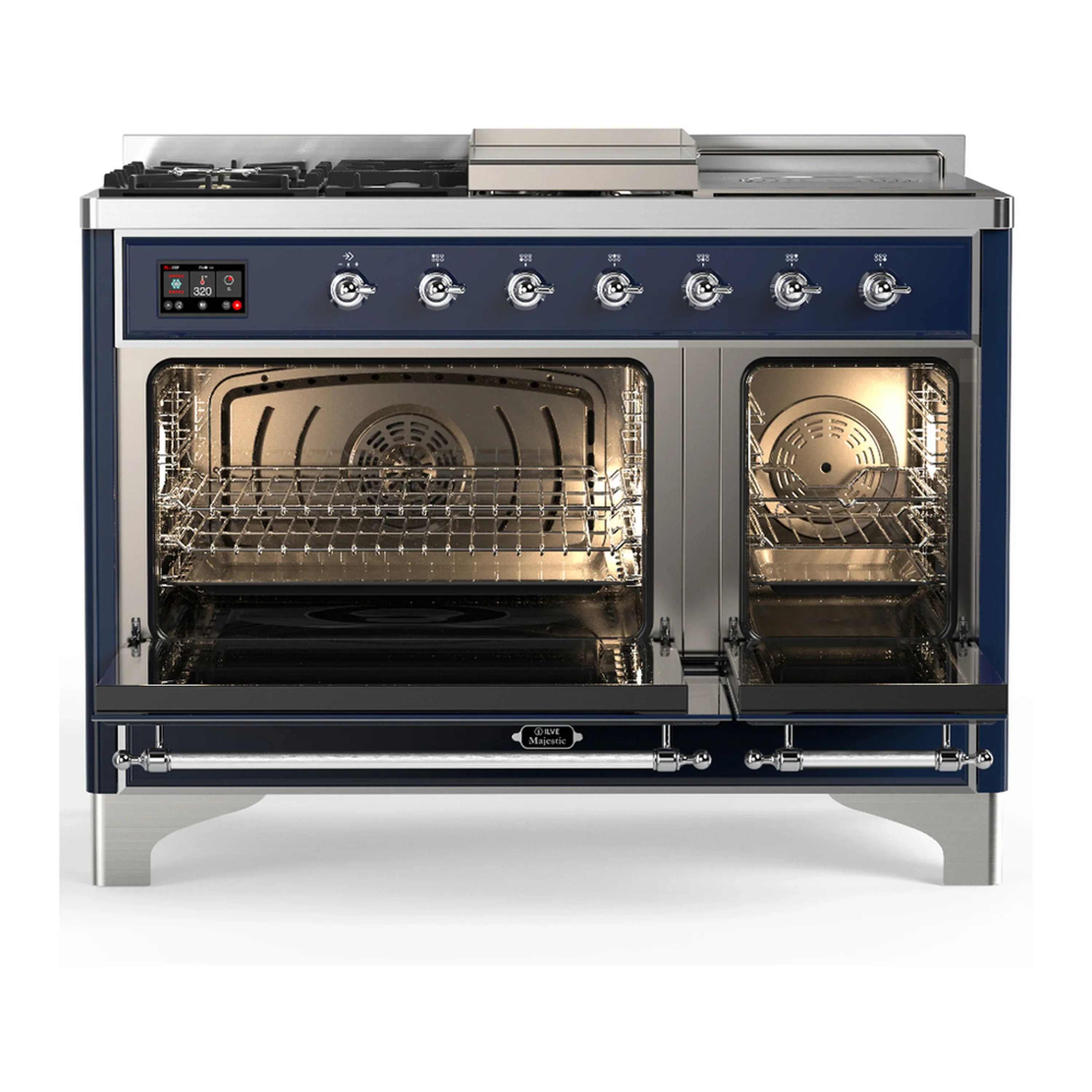 ILVE Majestic III 48-inch Dual Fuel Range with 5 Natural Gas Burner, Griddle, French Top and Triple Glass Door Electric Oven in Midnight Blue with Chrome Trim (UM48FSNR3MBC) - Image 6