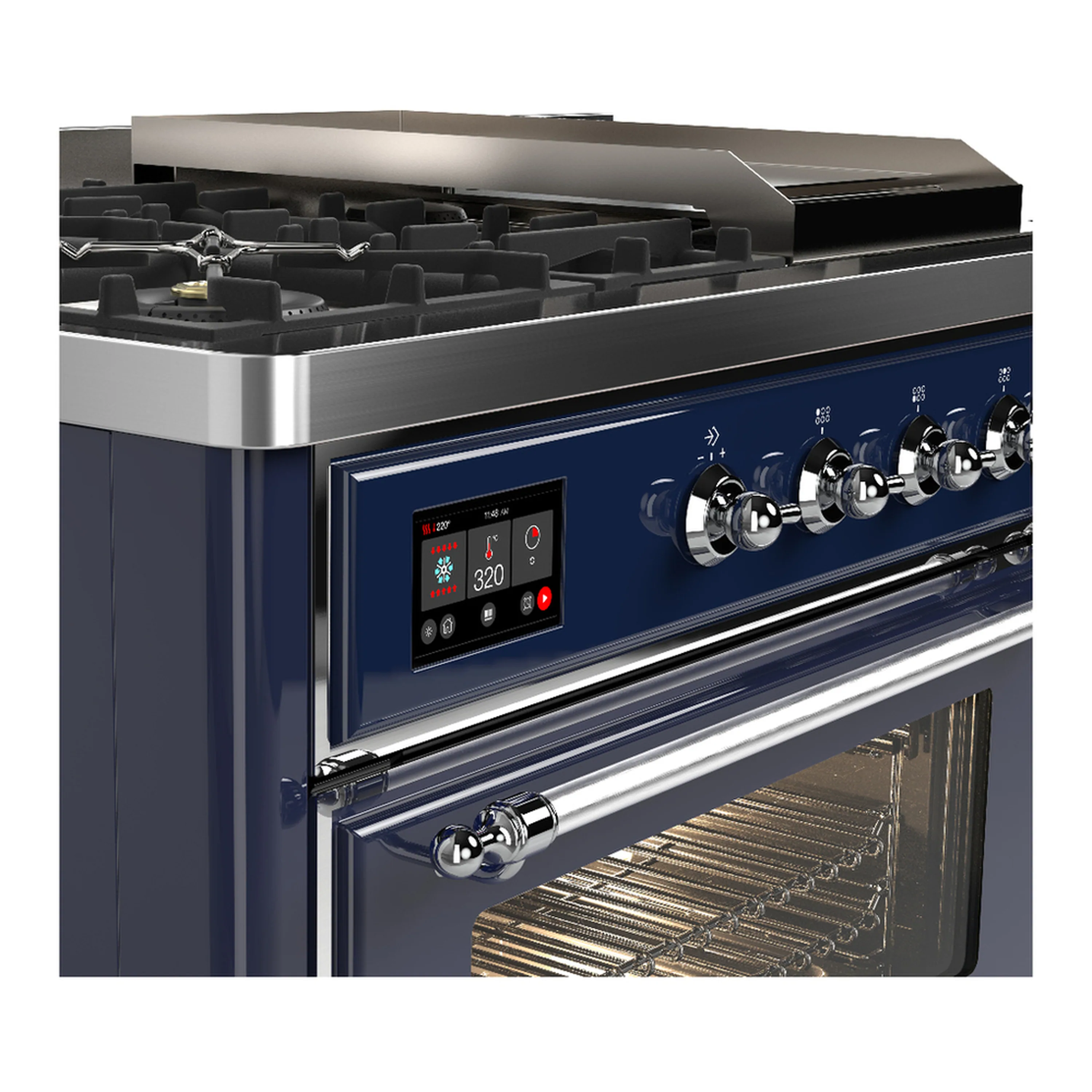 ILVE Majestic III 48-inch Dual Fuel Range with 5 Natural Gas Burner, Griddle, French Top and Triple Glass Door Electric Oven in Midnight Blue with Chrome Trim (UM48FSNR3MBC) - Image 7