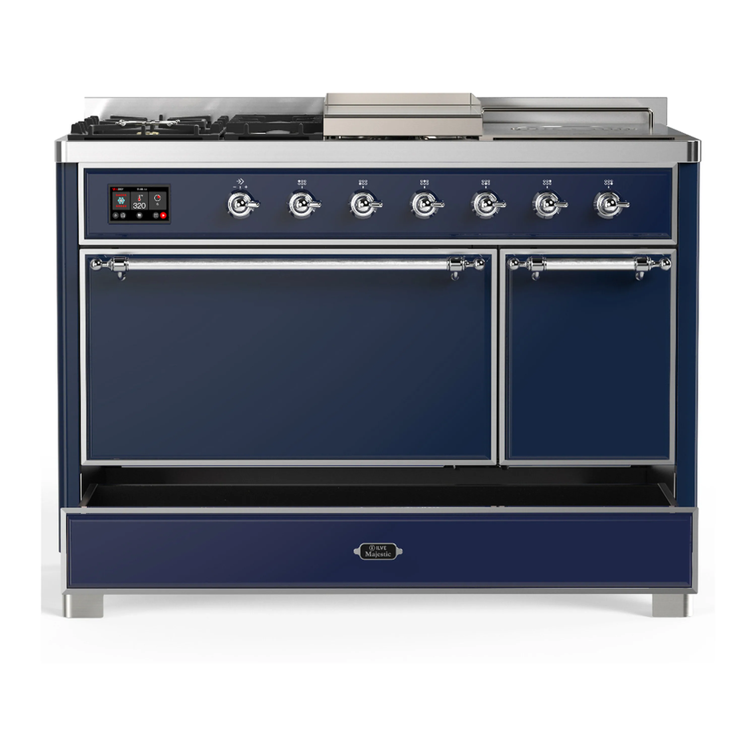 ILVE Majestic III 48-inch Dual Fuel Range with 5 Natural Gas Burner, Griddle, French Top and Solid Door Electric Oven in Midnight Blue with Chrome Trim (UM48FSQNR3MBC) - Image 3