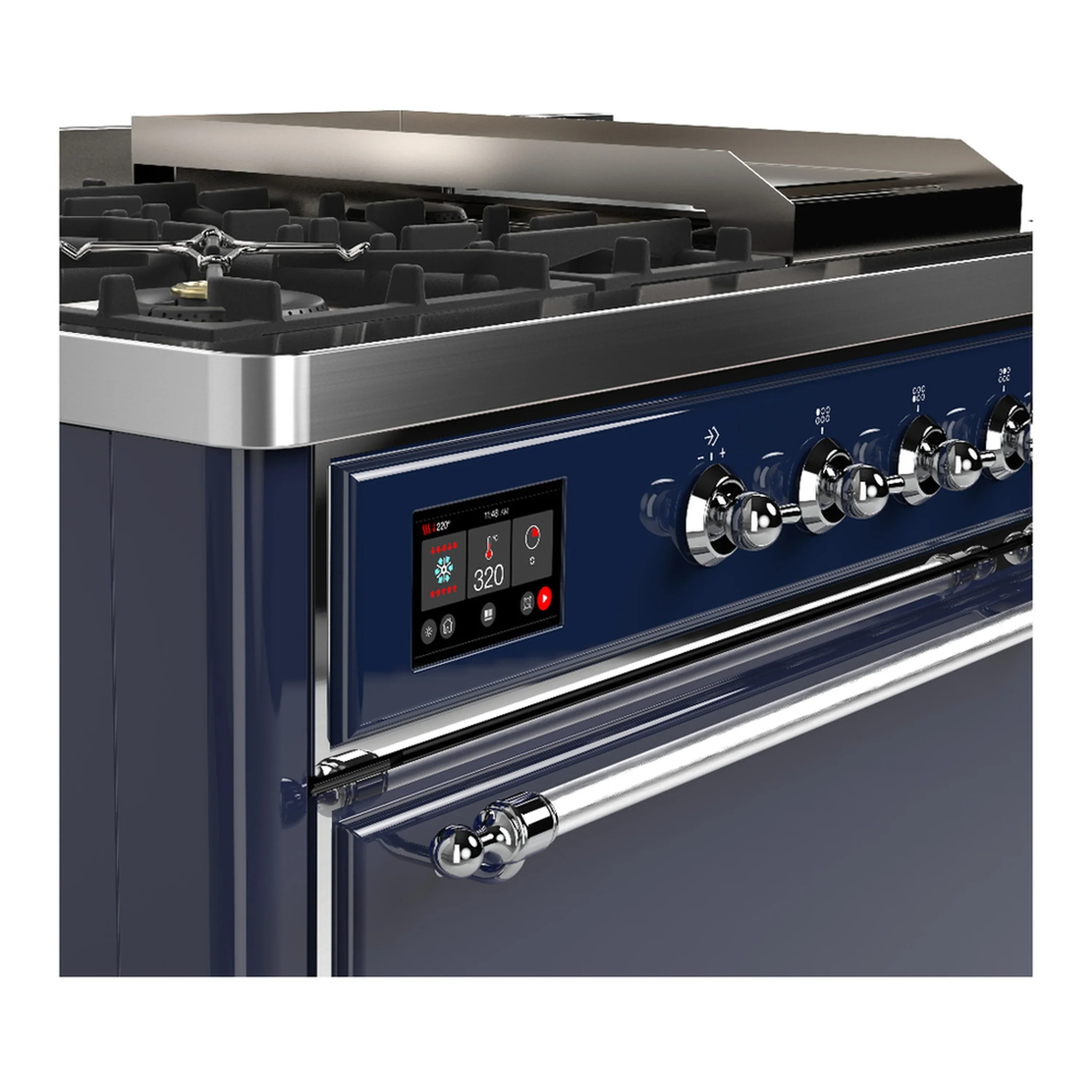 ILVE Majestic III 48-inch Dual Fuel Range with 5 Natural Gas Burner, Griddle, French Top and Solid Door Electric Oven in Midnight Blue with Chrome Trim (UM48FSQNR3MBC) - Image 7