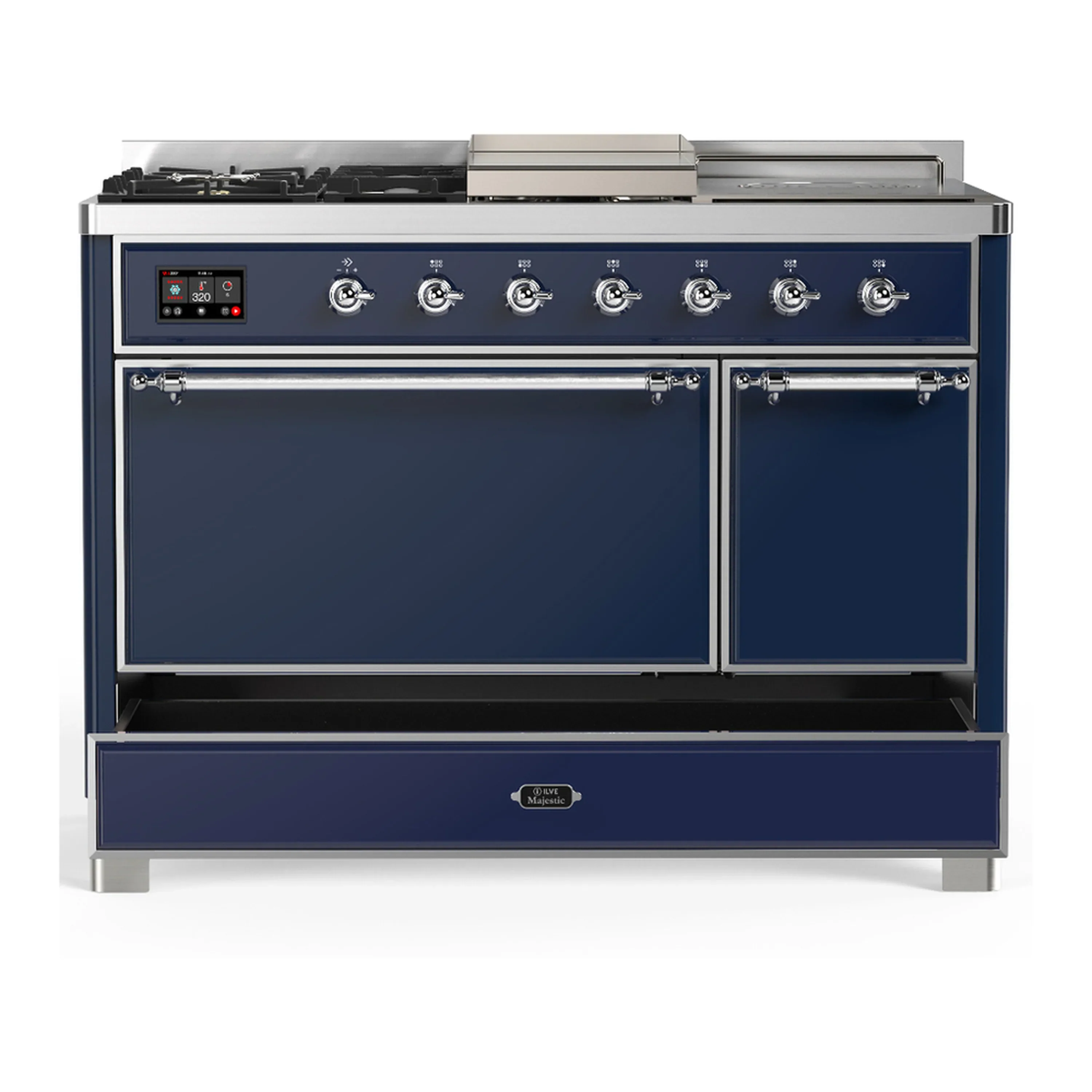 ILVE Majestic III 48-inch Dual Fuel Range with 5 Liquid Propane Burner, Griddle, French Top and Solid Door Electric Oven in Midnight Blue with Chrome Trim (UM48FSQNR3MBCLP) - Image 3