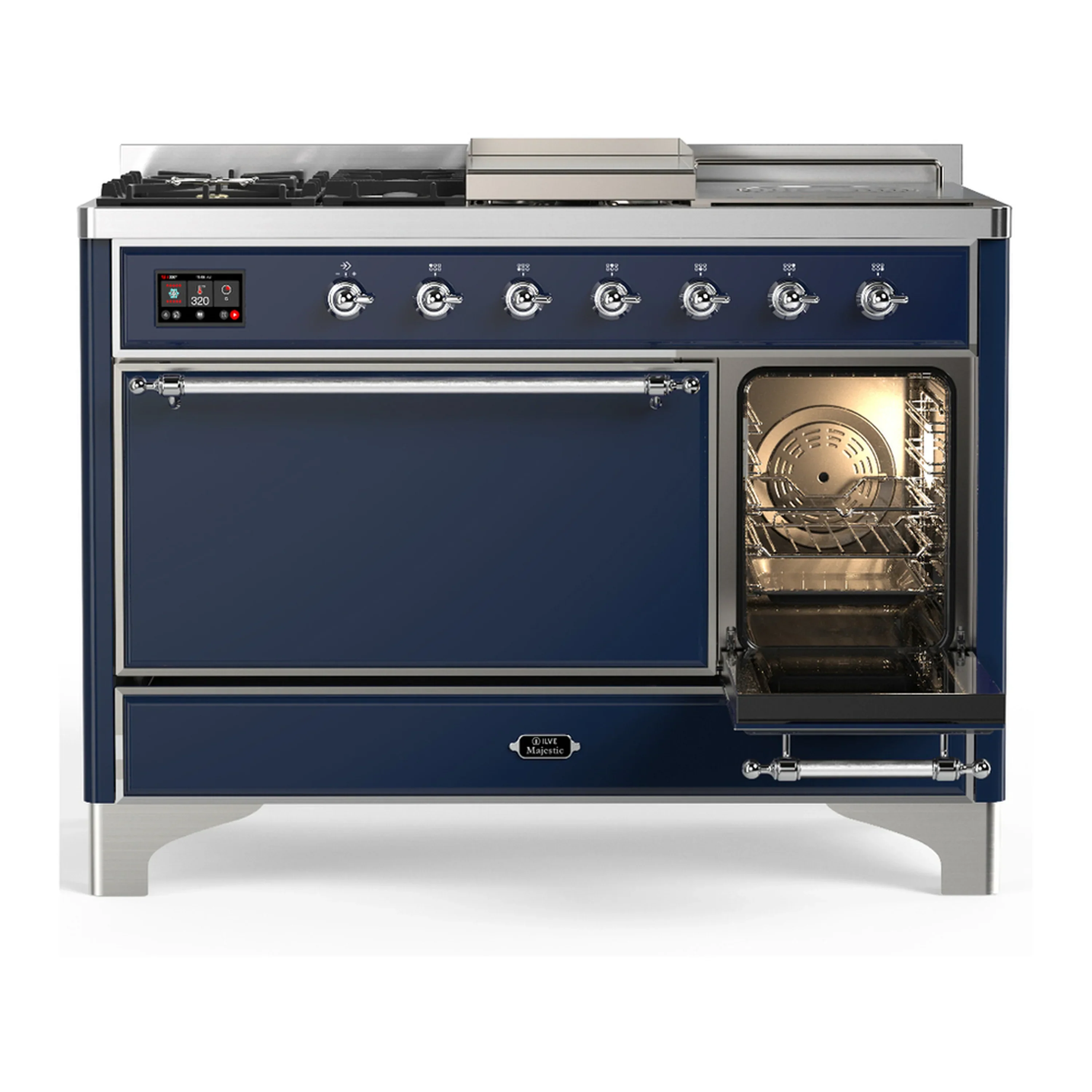 ILVE Majestic III 48-inch Dual Fuel Range with 5 Liquid Propane Burner, Griddle, French Top and Solid Door Electric Oven in Midnight Blue with Chrome Trim (UM48FSQNR3MBCLP) - Image 4