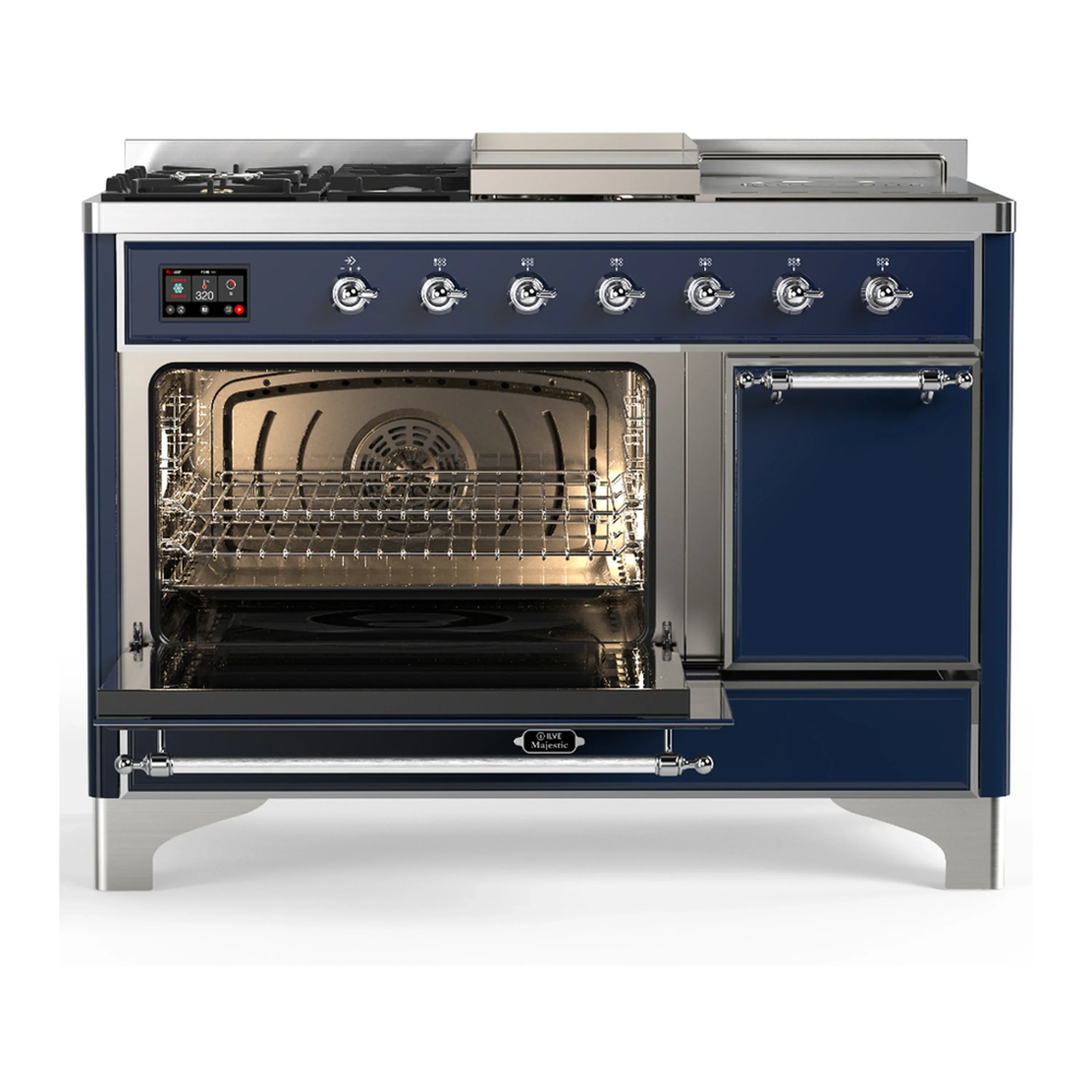 ILVE Majestic III 48-inch Dual Fuel Range with 5 Liquid Propane Burner, Griddle, French Top and Solid Door Electric Oven in Midnight Blue with Chrome Trim (UM48FSQNR3MBCLP) - Image 5