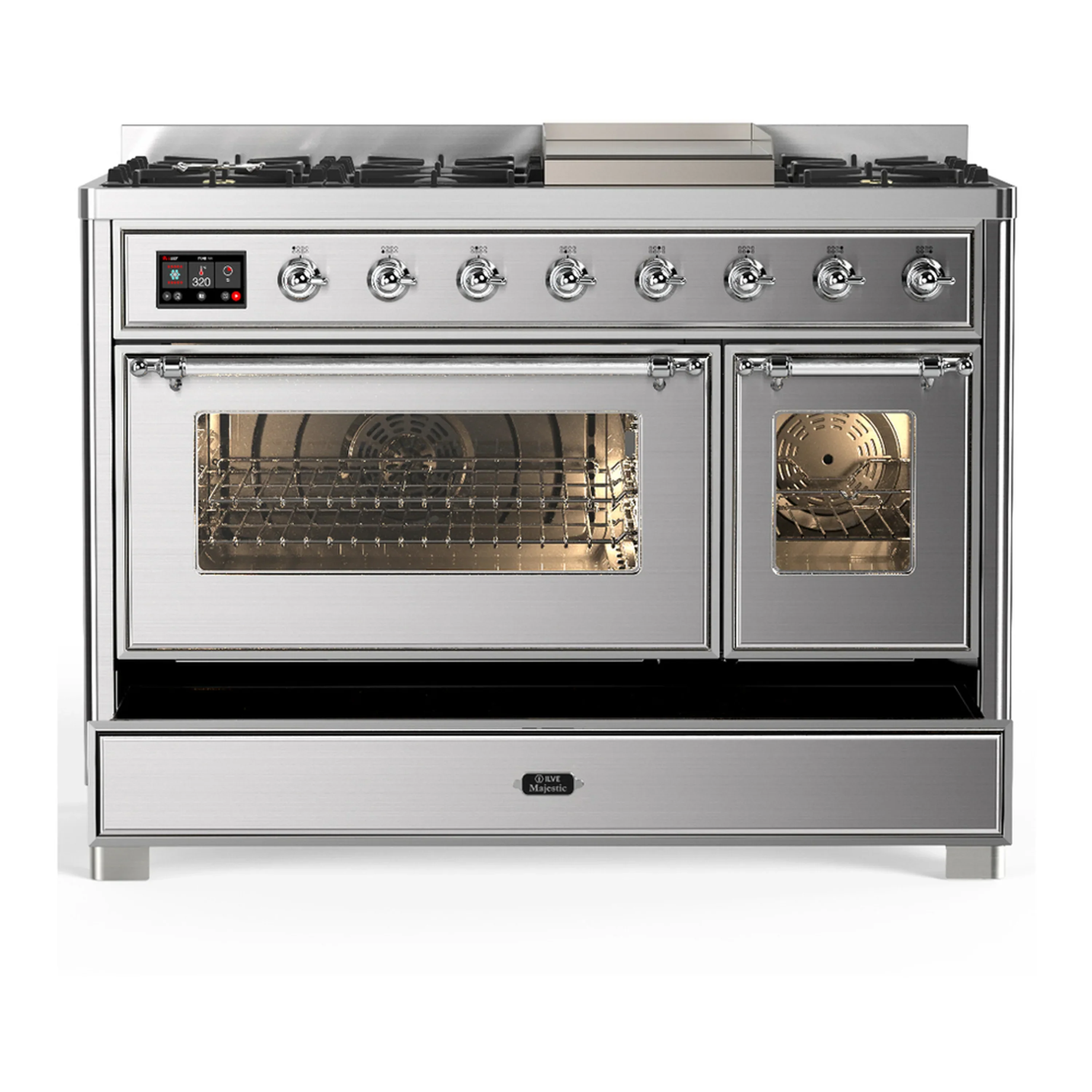 ILVE Majestic III 48-inch Dual Fuel Range with 5 Natural Gas Burner, Griddle and Triple Glass Door Electric Oven in Stainless Steel with Chrome Trim (UM48FNR3SSC) - Image 3