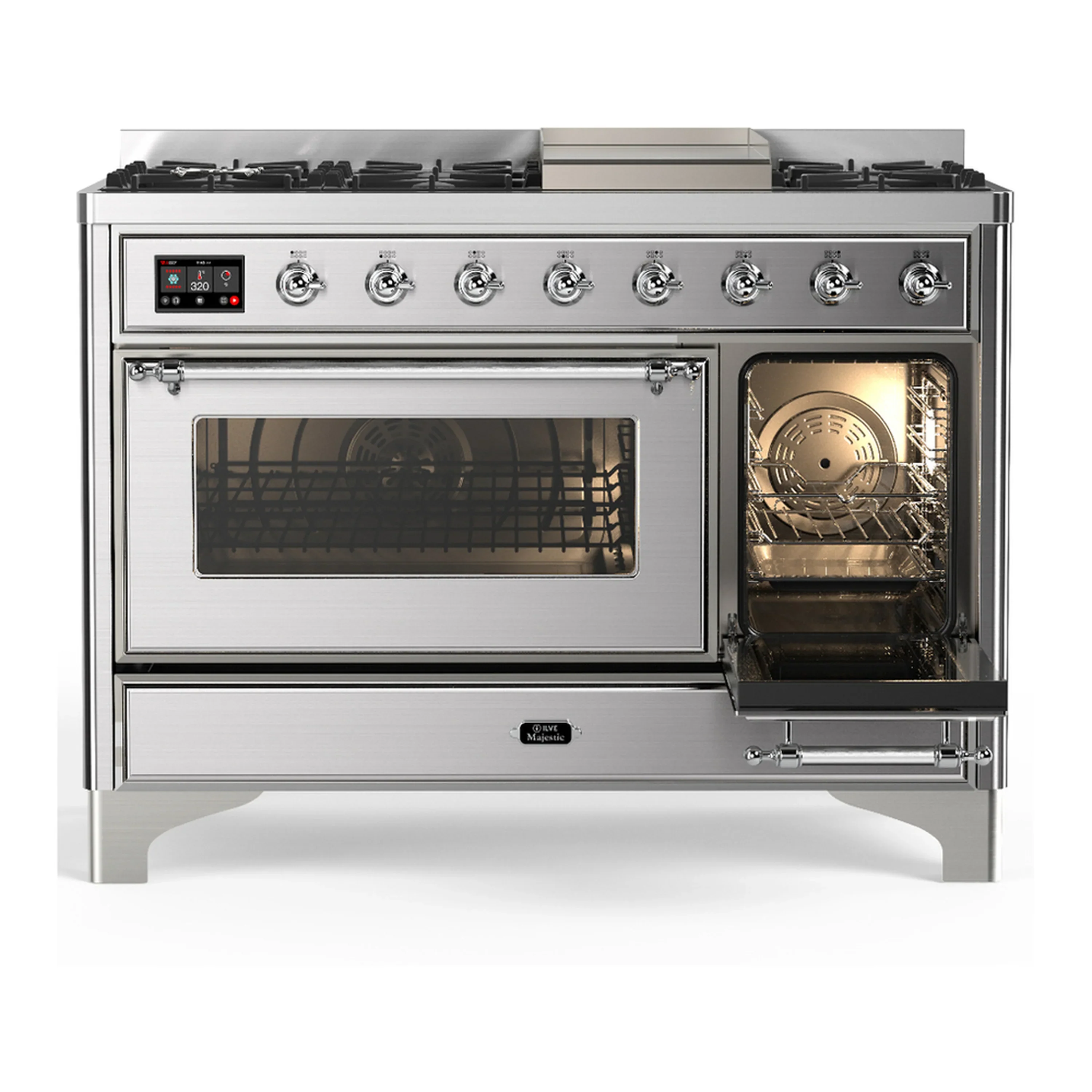 ILVE Majestic III 48-inch Dual Fuel Range with 5 Natural Gas Burner, Griddle and Triple Glass Door Electric Oven in Stainless Steel with Chrome Trim (UM48FNR3SSC) - Image 4