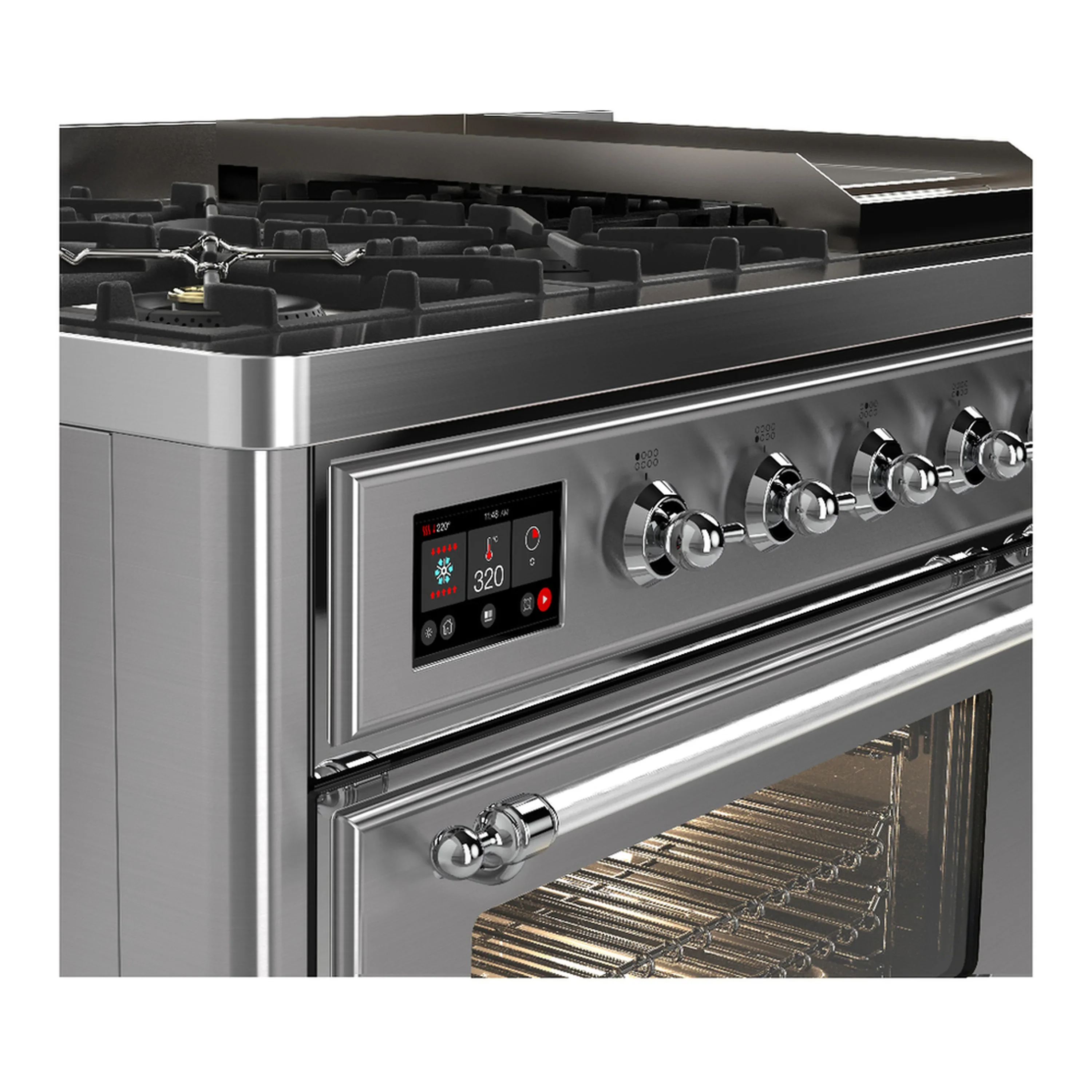 ILVE Majestic III 48-inch Dual Fuel Range with 5 Natural Gas Burner, Griddle and Triple Glass Door Electric Oven in Stainless Steel with Chrome Trim (UM48FNR3SSC) - Image 7