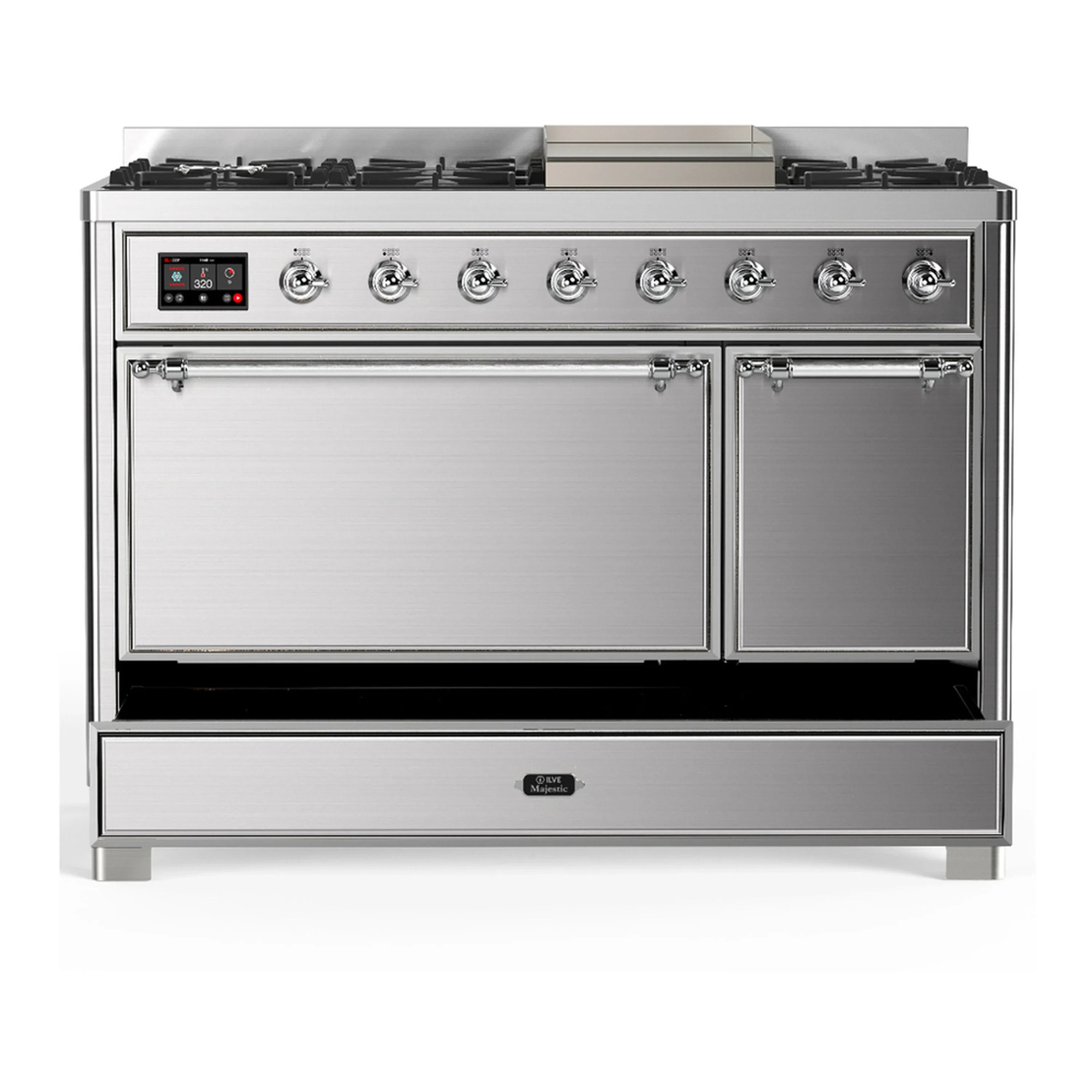 ILVE Majestic III 48-inch Dual Fuel Range with 5 Natural Gas Burner, Griddle and Solid Door Electric Oven in Stainless Steel with Chrome Trim (UM48FQNR3SSC) - Image 3