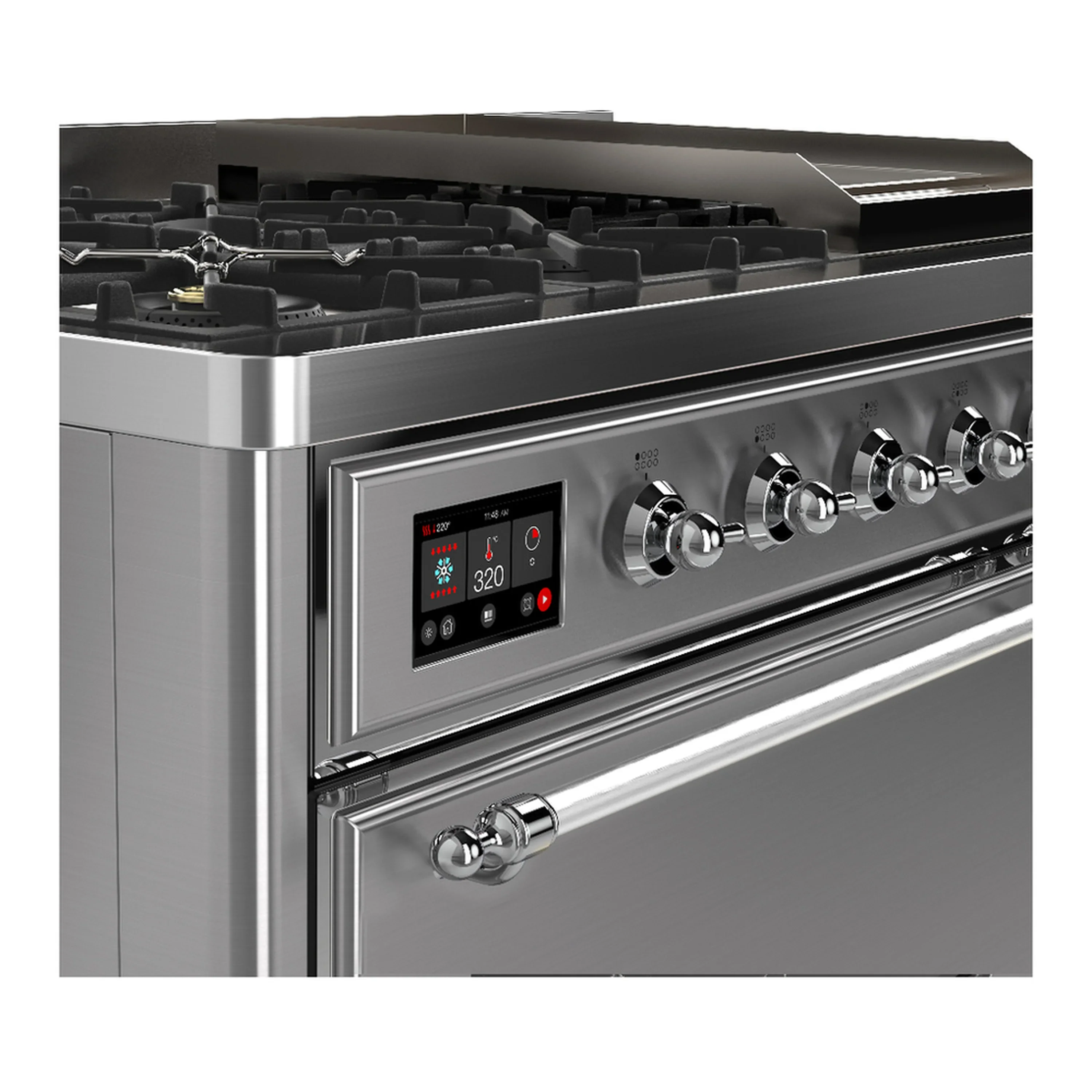 ILVE Majestic III 48-inch Dual Fuel Range with 5 Natural Gas Burner, Griddle and Solid Door Electric Oven in Stainless Steel with Chrome Trim (UM48FQNR3SSC) - Image 7