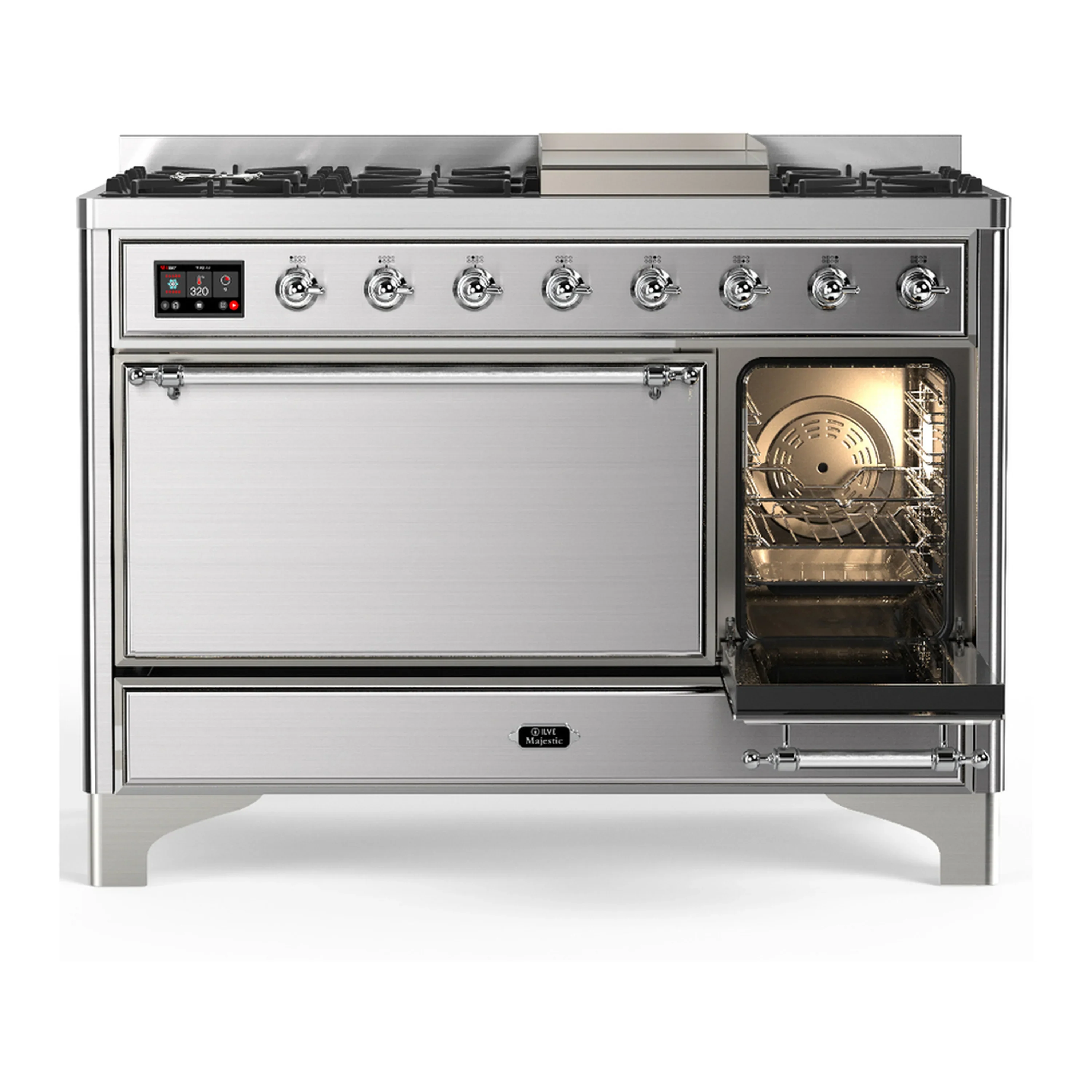 ILVE Majestic III 48-inch Dual Fuel Range with 5 Liquid Propane Burner, Griddle and Solid Door Electric Oven in Stainless Steel with Chrome Trim (UM48FQNR3SSCLP) - Image 4