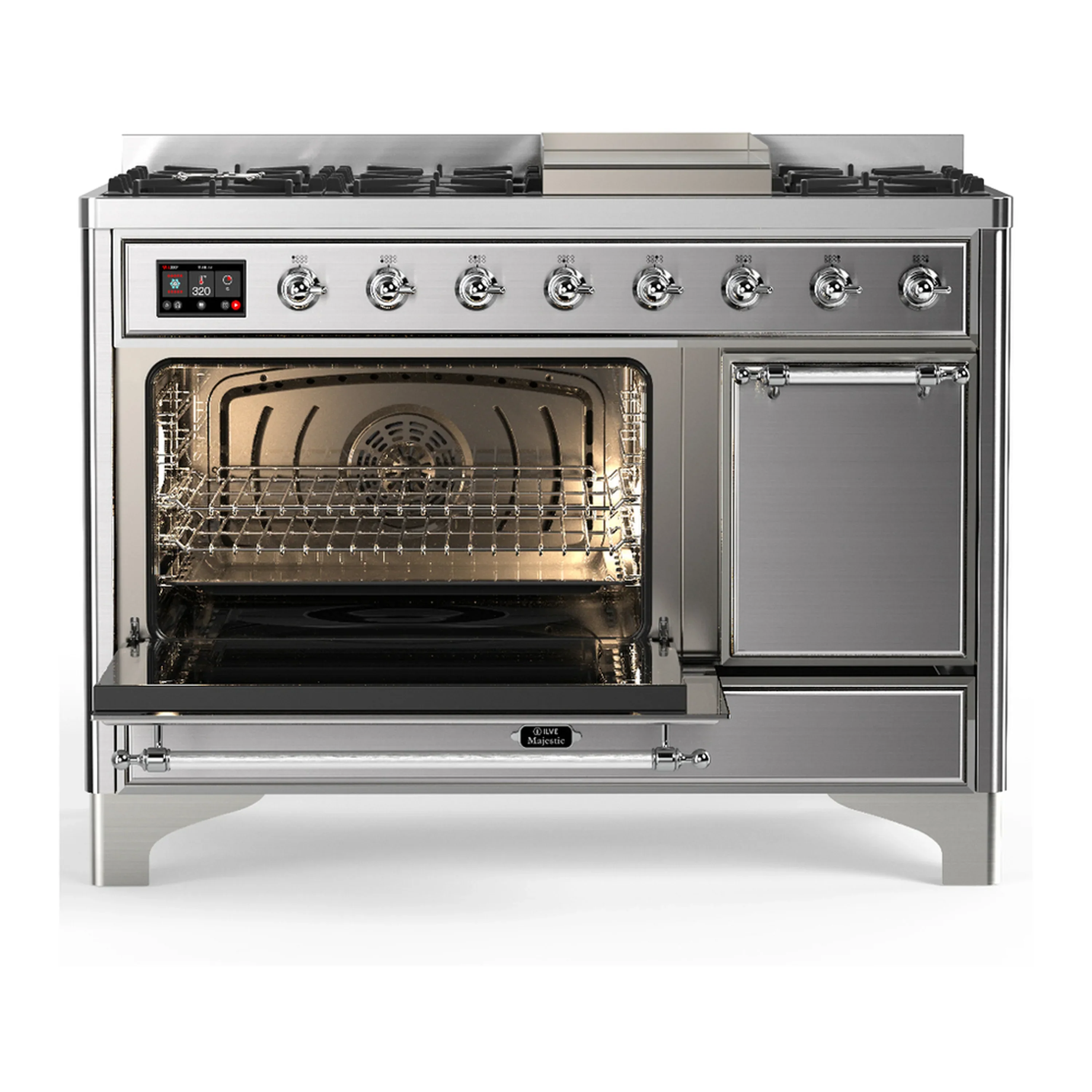 ILVE Majestic III 48-inch Dual Fuel Range with 5 Liquid Propane Burner, Griddle and Solid Door Electric Oven in Stainless Steel with Chrome Trim (UM48FQNR3SSCLP) - Image 5