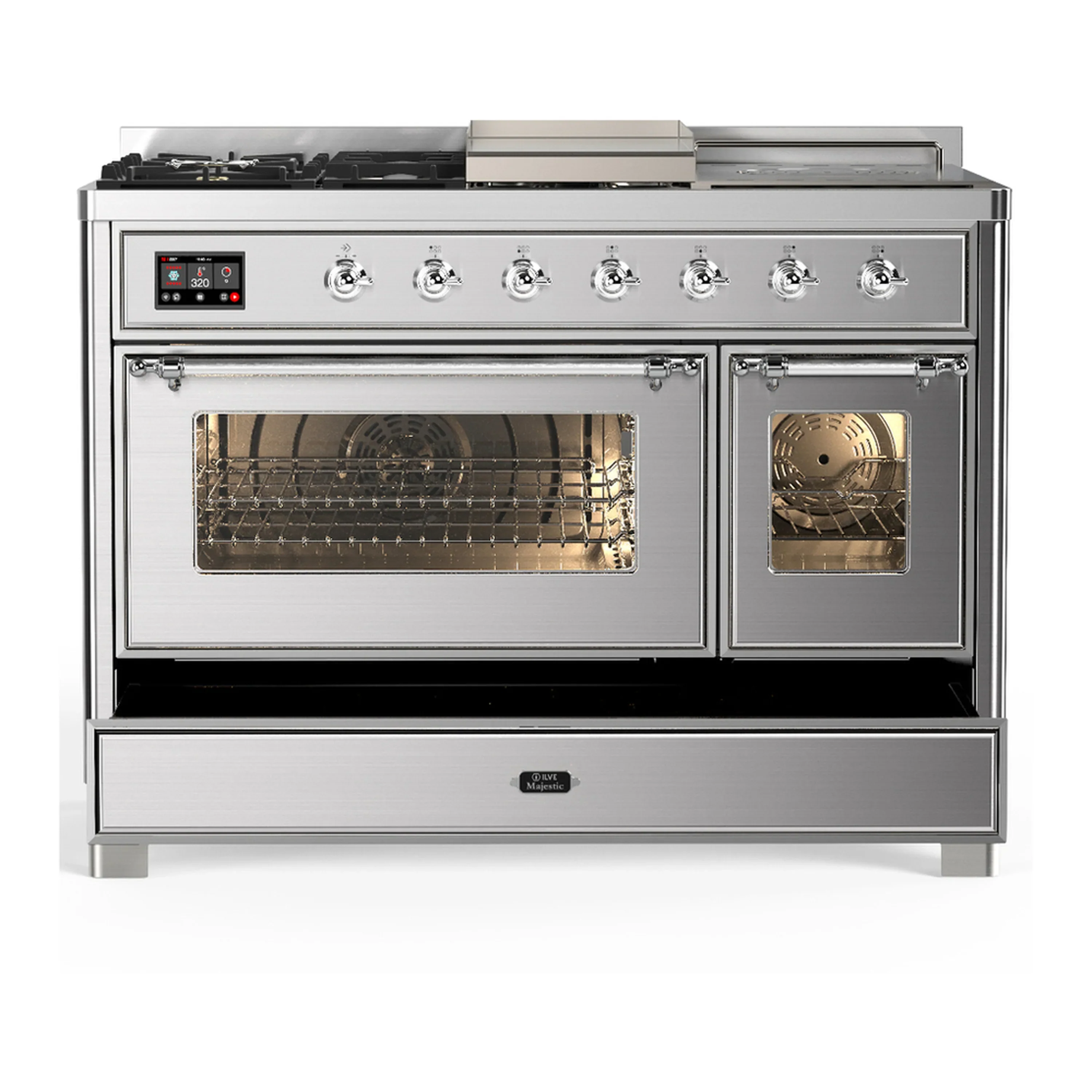 ILVE Majestic III 48-inch Dual Fuel Range with 5 Liquid Propane Burner, Griddle, French Top and Triple Glass Door Electric Oven in Stainless Steel with Chrome Trim (UM48FSNR3SSCLP) - Image 3