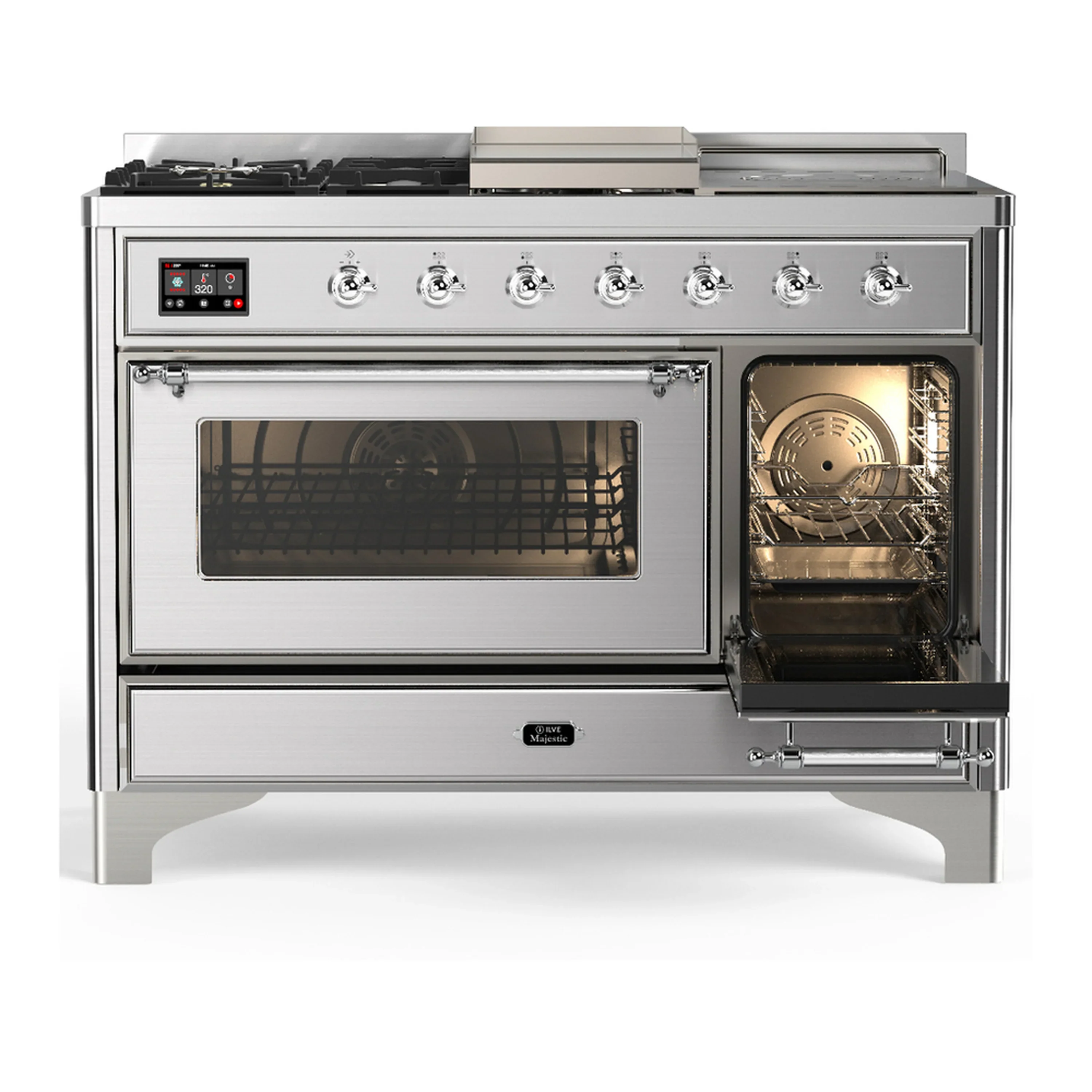 ILVE Majestic III 48-inch Dual Fuel Range with 5 Liquid Propane Burner, Griddle, French Top and Triple Glass Door Electric Oven in Stainless Steel with Chrome Trim (UM48FSNR3SSCLP) - Image 4