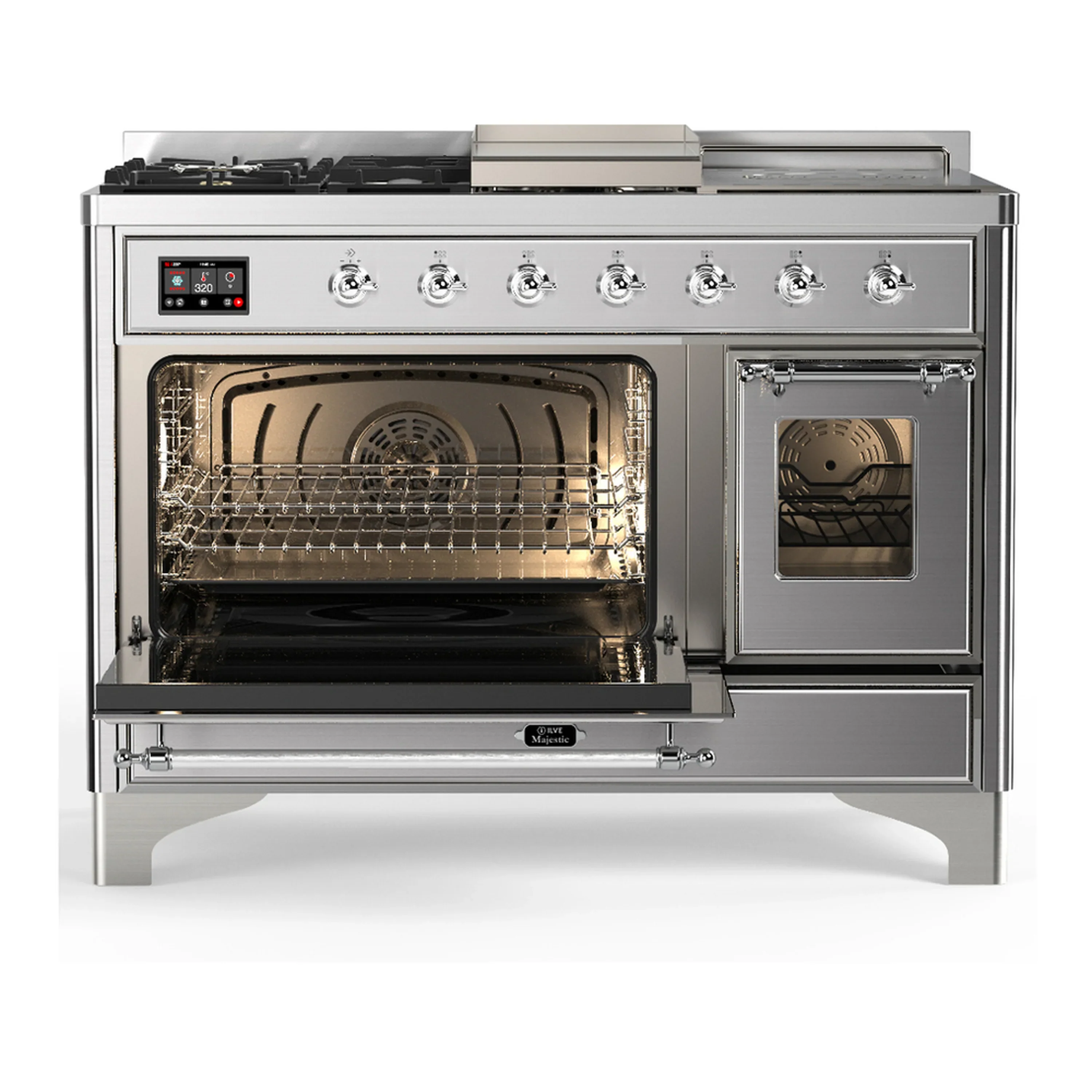 ILVE Majestic III 48-inch Dual Fuel Range with 5 Liquid Propane Burner, Griddle, French Top and Triple Glass Door Electric Oven in Stainless Steel with Chrome Trim (UM48FSNR3SSCLP) - Image 5