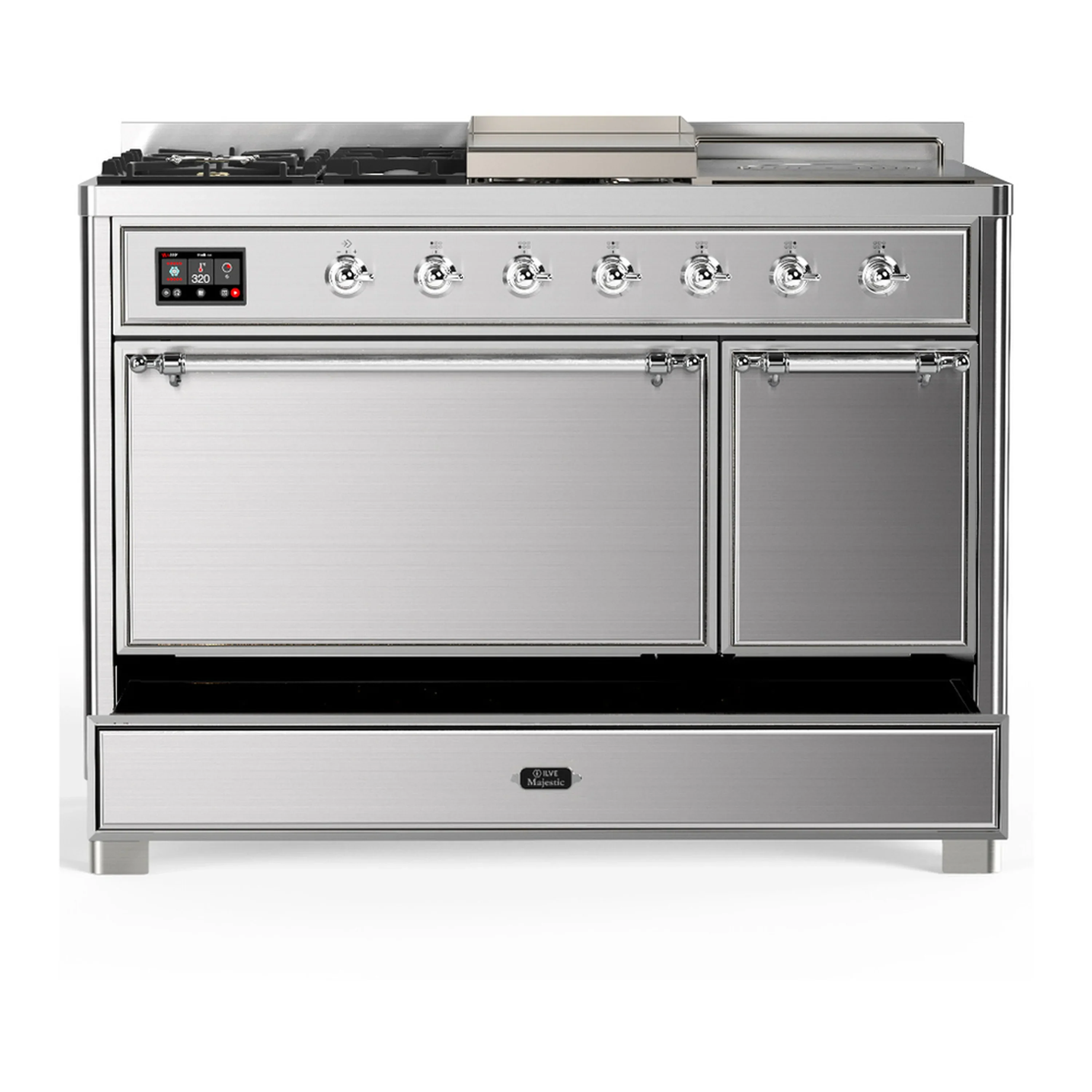 ILVE Majestic III 48-inch Dual Fuel Range with 5 Natural Gas Burner, Griddle, French Top and Solid Door Electric Oven in Stainless Steel with Chrome Trim (UM48FSQNR3SSC) - Image 3
