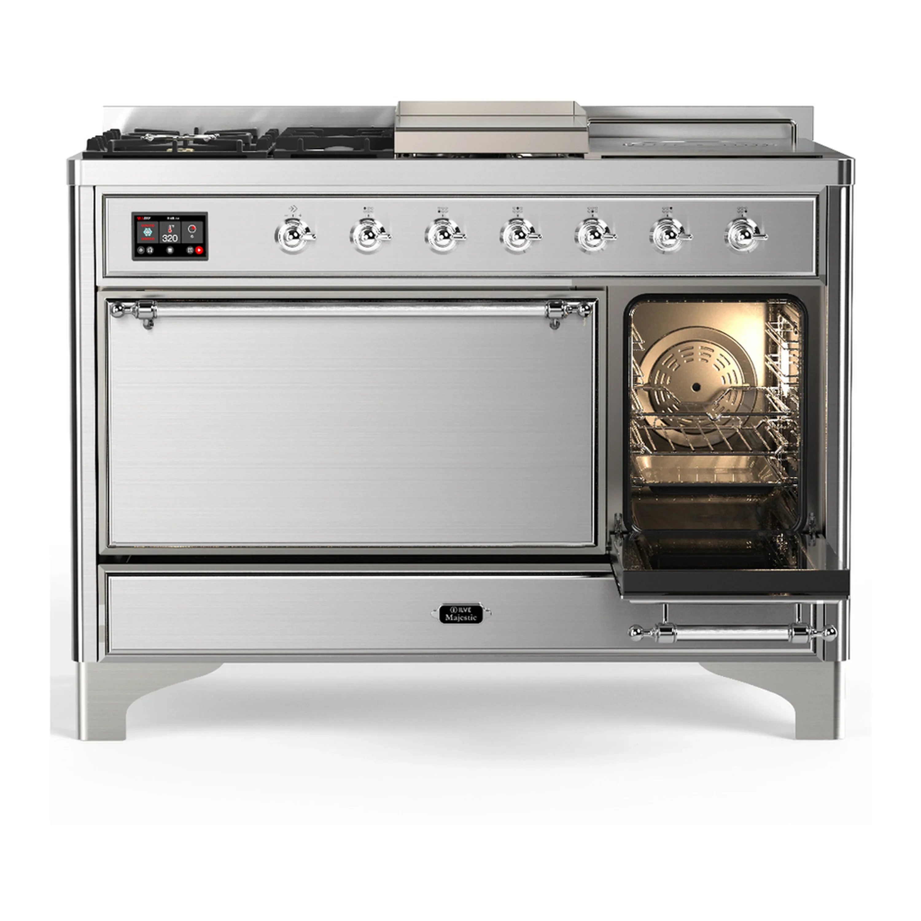 ILVE Majestic III 48-inch Dual Fuel Range with 5 Liquid Propane Burner, Griddle, French Top and Solid Door Electric Oven in Stainless Steel with Chrome Trim (UM48FSQNR3SSCLP) - Image 4