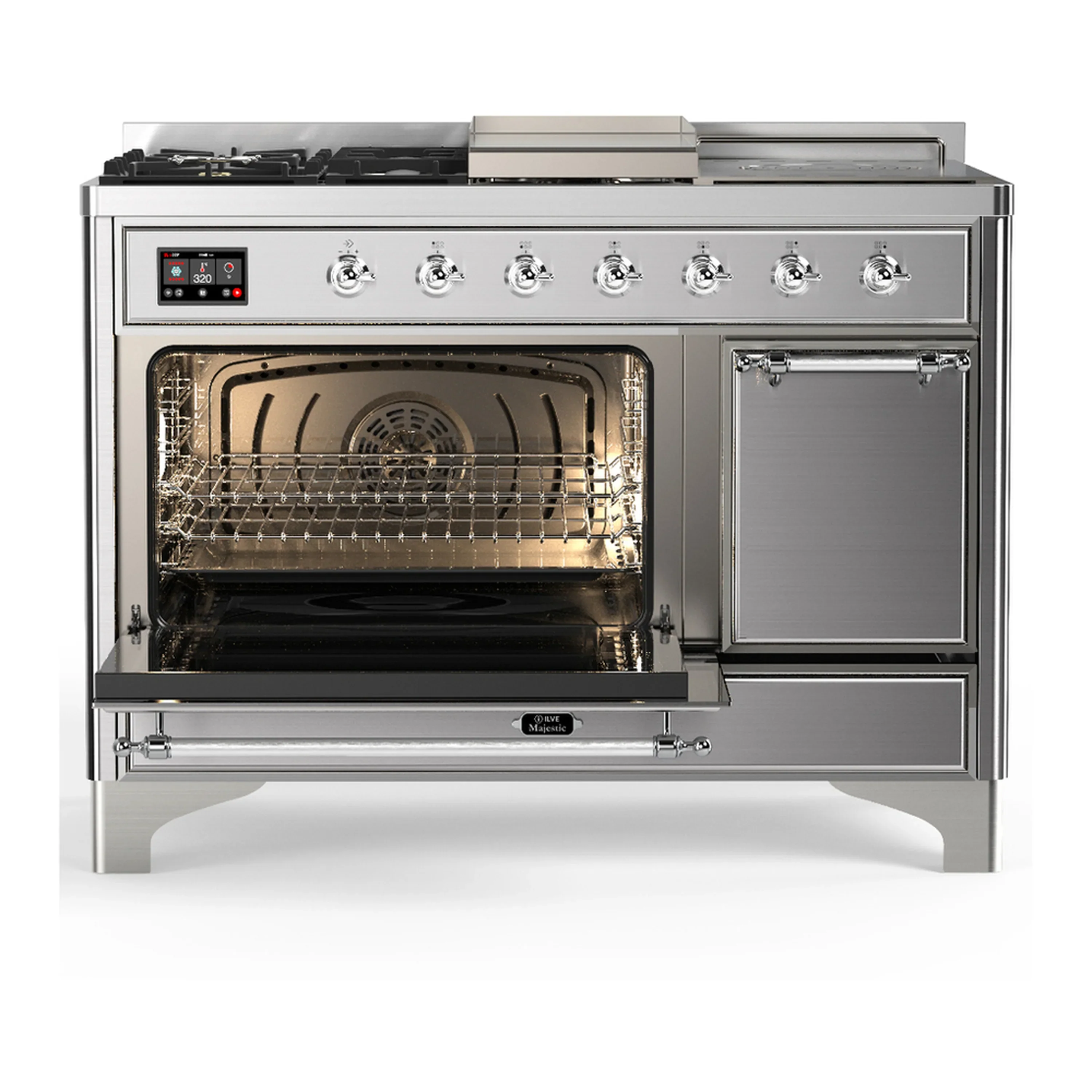ILVE Majestic III 48-inch Dual Fuel Range with 5 Liquid Propane Burner, Griddle, French Top and Solid Door Electric Oven in Stainless Steel with Chrome Trim (UM48FSQNR3SSCLP) - Image 5