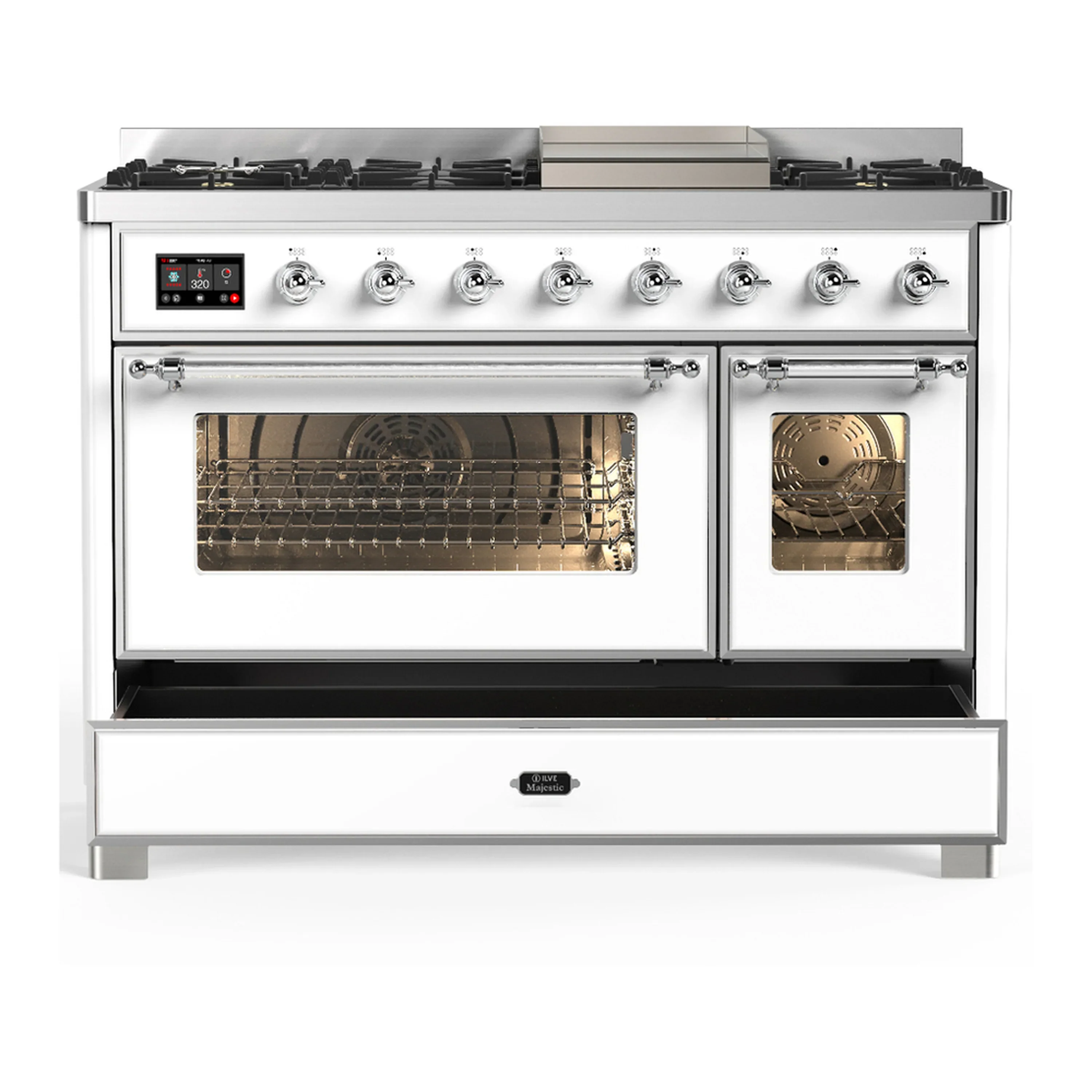 ILVE Majestic III 48-inch Dual Fuel Range with 5 Natural Gas Burner, Griddle and Triple Glass Door Electric Oven in White with Chrome Trim (UM48FNR3WHC) - Image 3