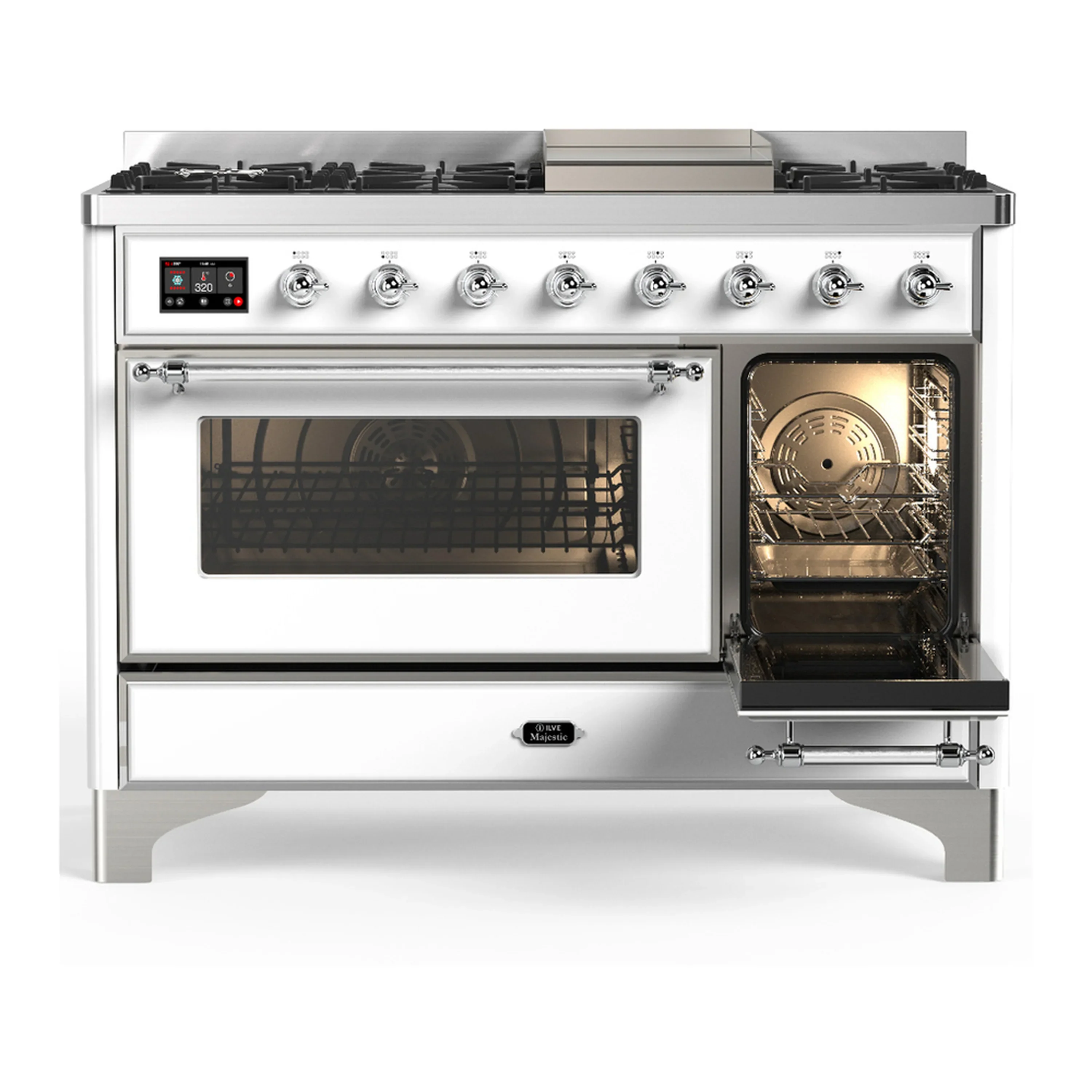 ILVE Majestic III 48-inch Dual Fuel Range with 5 Natural Gas Burner, Griddle and Triple Glass Door Electric Oven in White with Chrome Trim (UM48FNR3WHC) - Image 4