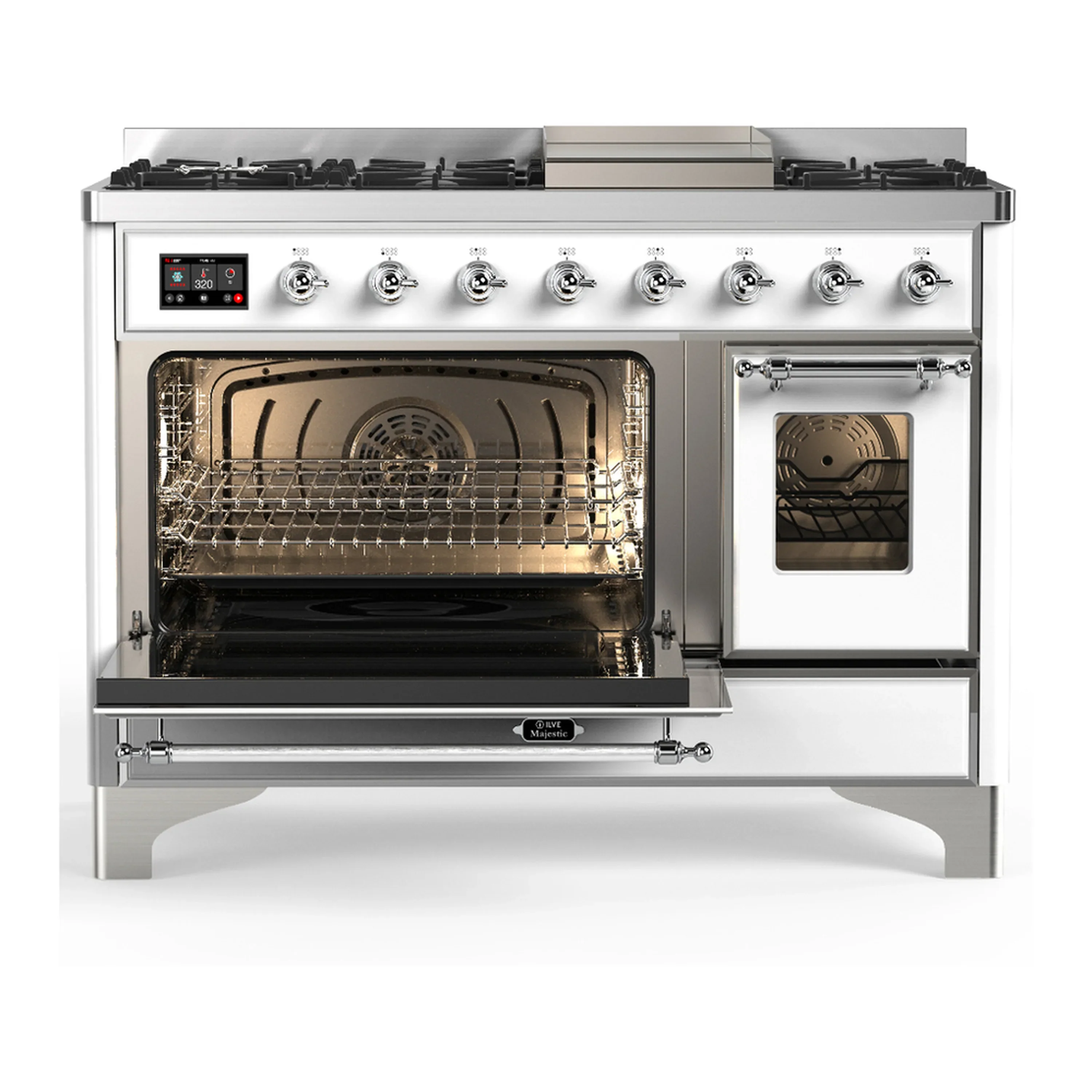 ILVE Majestic III 48-inch Dual Fuel Range with 5 Natural Gas Burner, Griddle and Triple Glass Door Electric Oven in White with Chrome Trim (UM48FNR3WHC) - Image 5