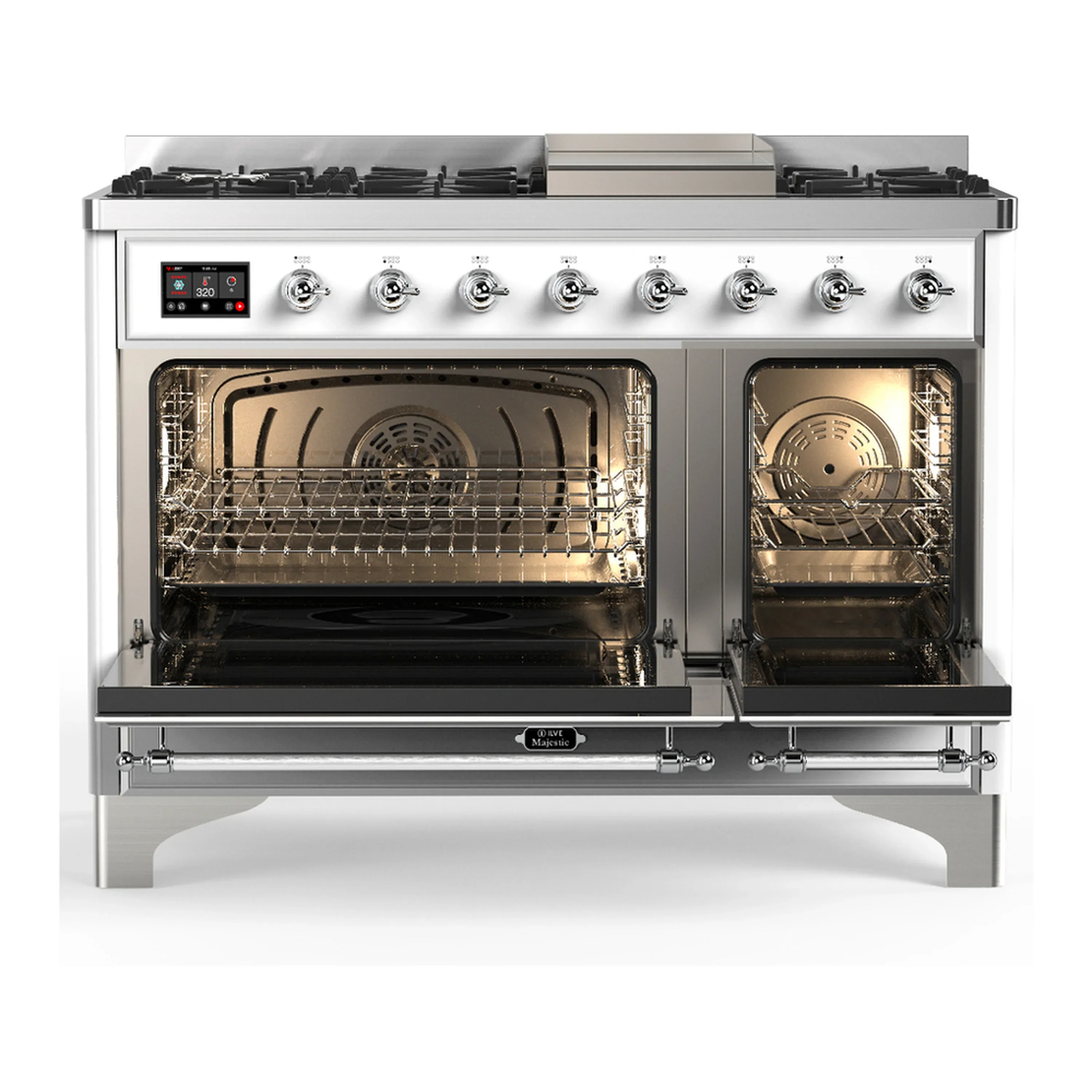 ILVE Majestic III 48-inch Dual Fuel Range with 5 Natural Gas Burner, Griddle and Triple Glass Door Electric Oven in White with Chrome Trim (UM48FNR3WHC) - Image 6