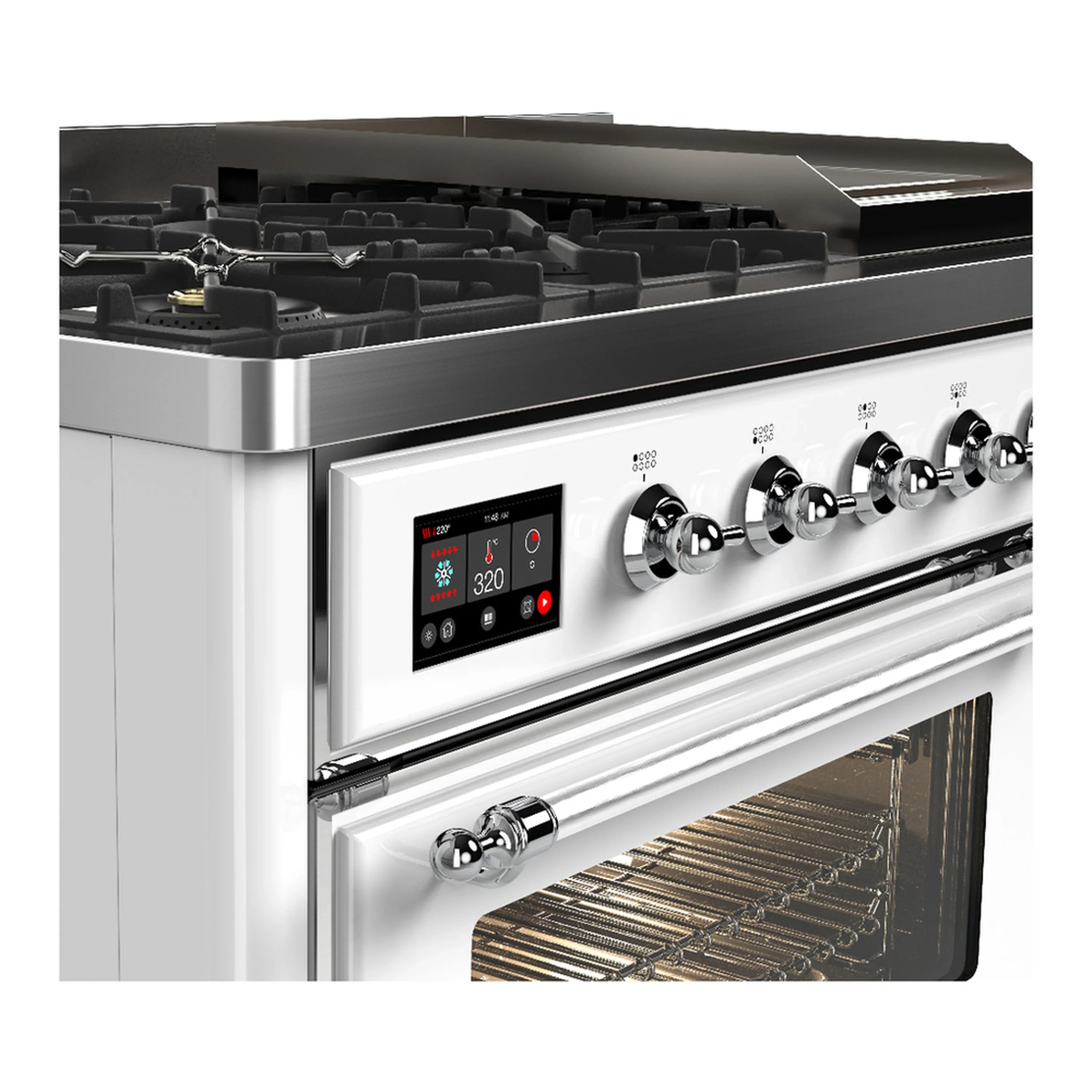 ILVE Majestic III 48-inch Dual Fuel Range with 5 Natural Gas Burner, Griddle and Triple Glass Door Electric Oven in White with Chrome Trim (UM48FNR3WHC) - Image 7