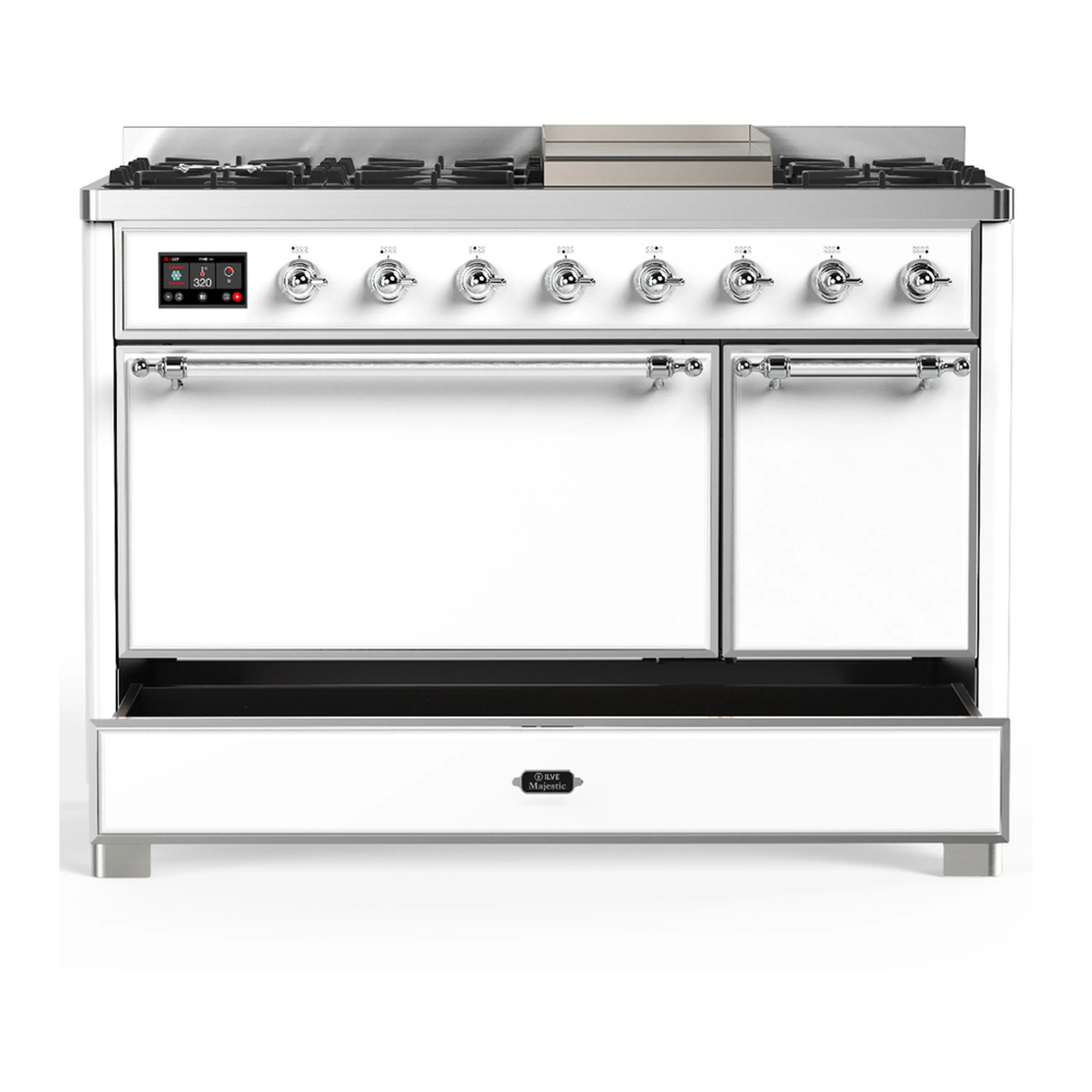 ILVE Majestic III 48-inch Dual Fuel Range with 5 Liquid Propane Burner, Griddle and Solid Door Electric Oven in White with Chrome Trim (UM48FQNR3WHCLP) - Image 3