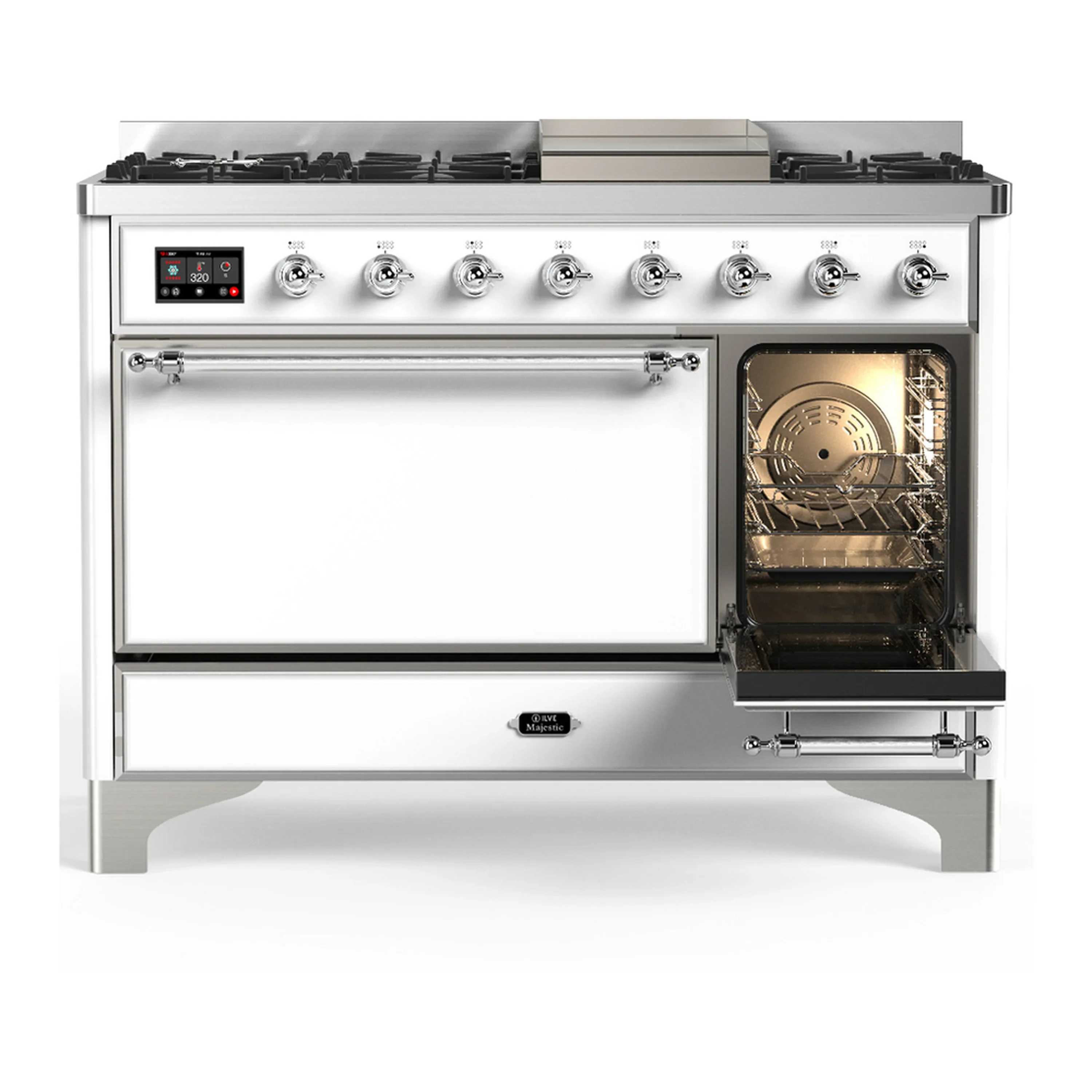 ILVE Majestic III 48-inch Dual Fuel Range with 5 Liquid Propane Burner, Griddle and Solid Door Electric Oven in White with Chrome Trim (UM48FQNR3WHCLP) - Image 4