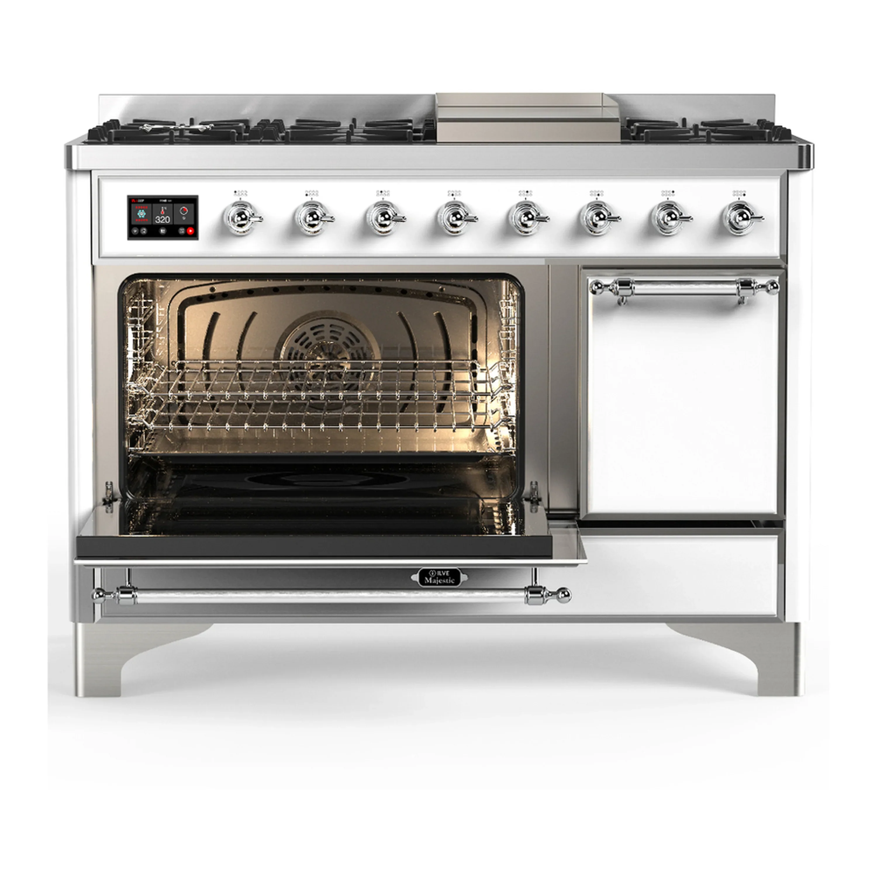 ILVE Majestic III 48-inch Dual Fuel Range with 5 Liquid Propane Burner, Griddle and Solid Door Electric Oven in White with Chrome Trim (UM48FQNR3WHCLP) - Image 5