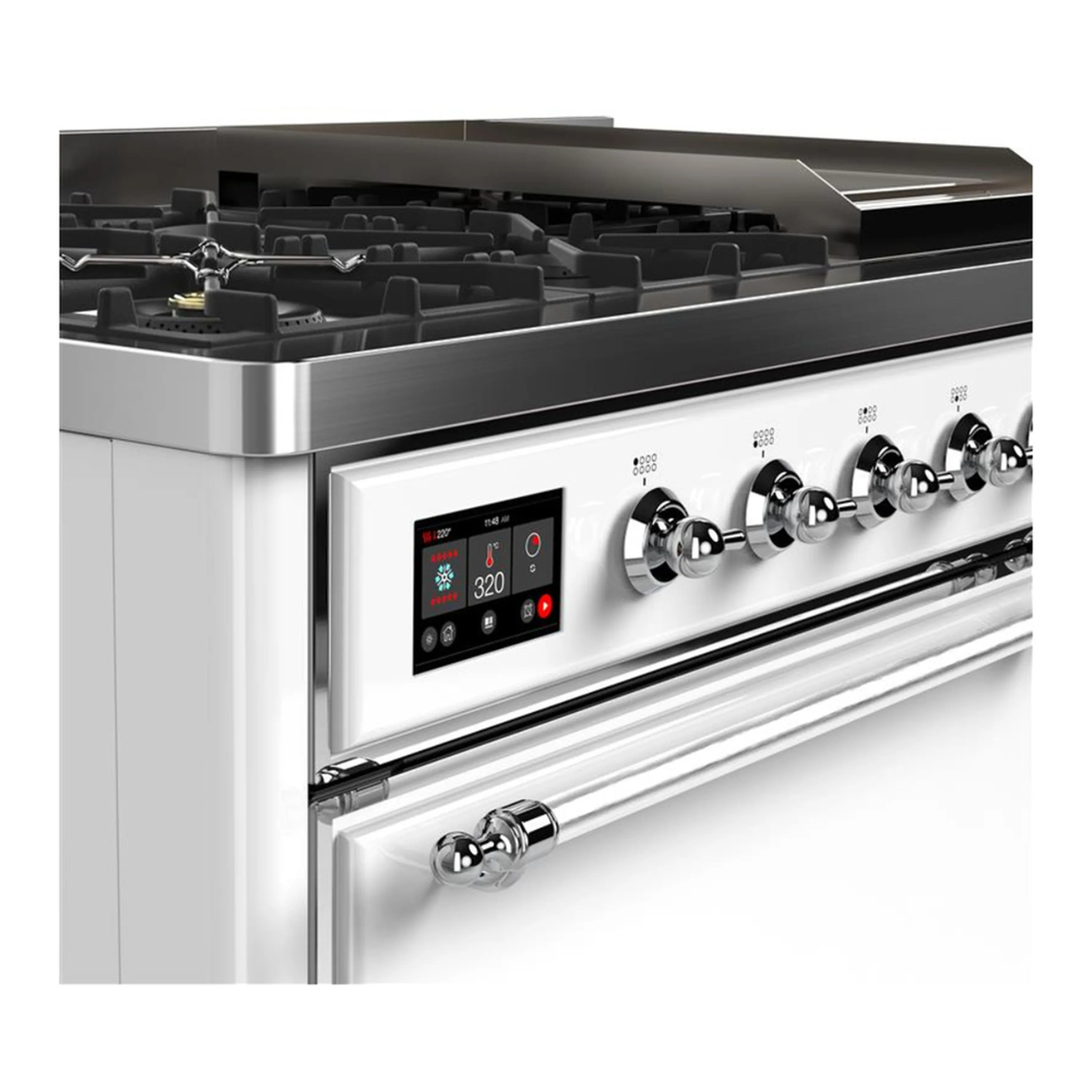 ILVE Majestic III 48-inch Dual Fuel Range with 5 Liquid Propane Burner, Griddle and Solid Door Electric Oven in White with Chrome Trim (UM48FQNR3WHCLP) - Image 7