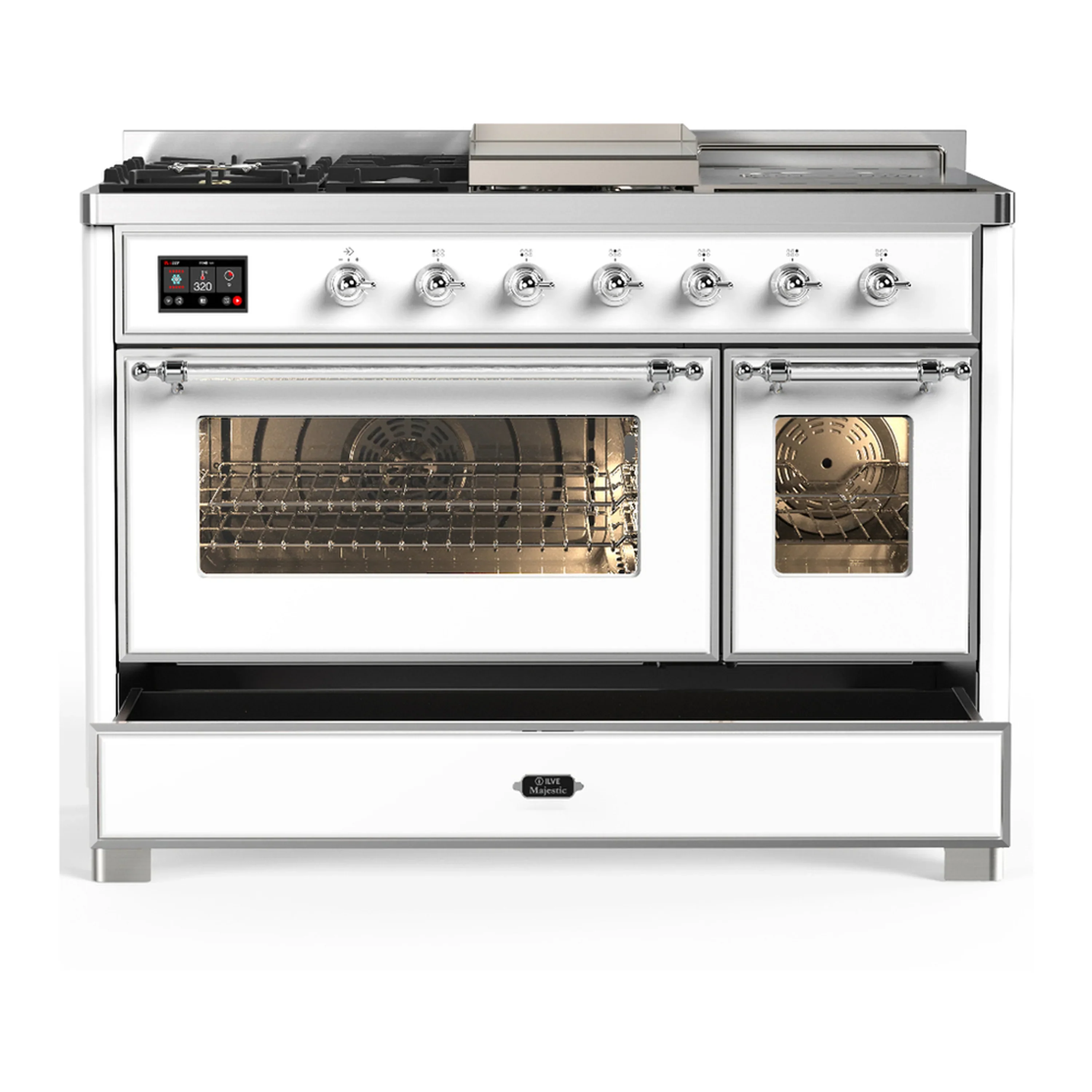 ILVE Majestic III 48-inch Dual Fuel Range with 5 Natural Gas Burner, Griddle, French Top and Triple Glass Door Electric Oven in White with Chrome Trim (UM48FSNR3WHC) - Image 3