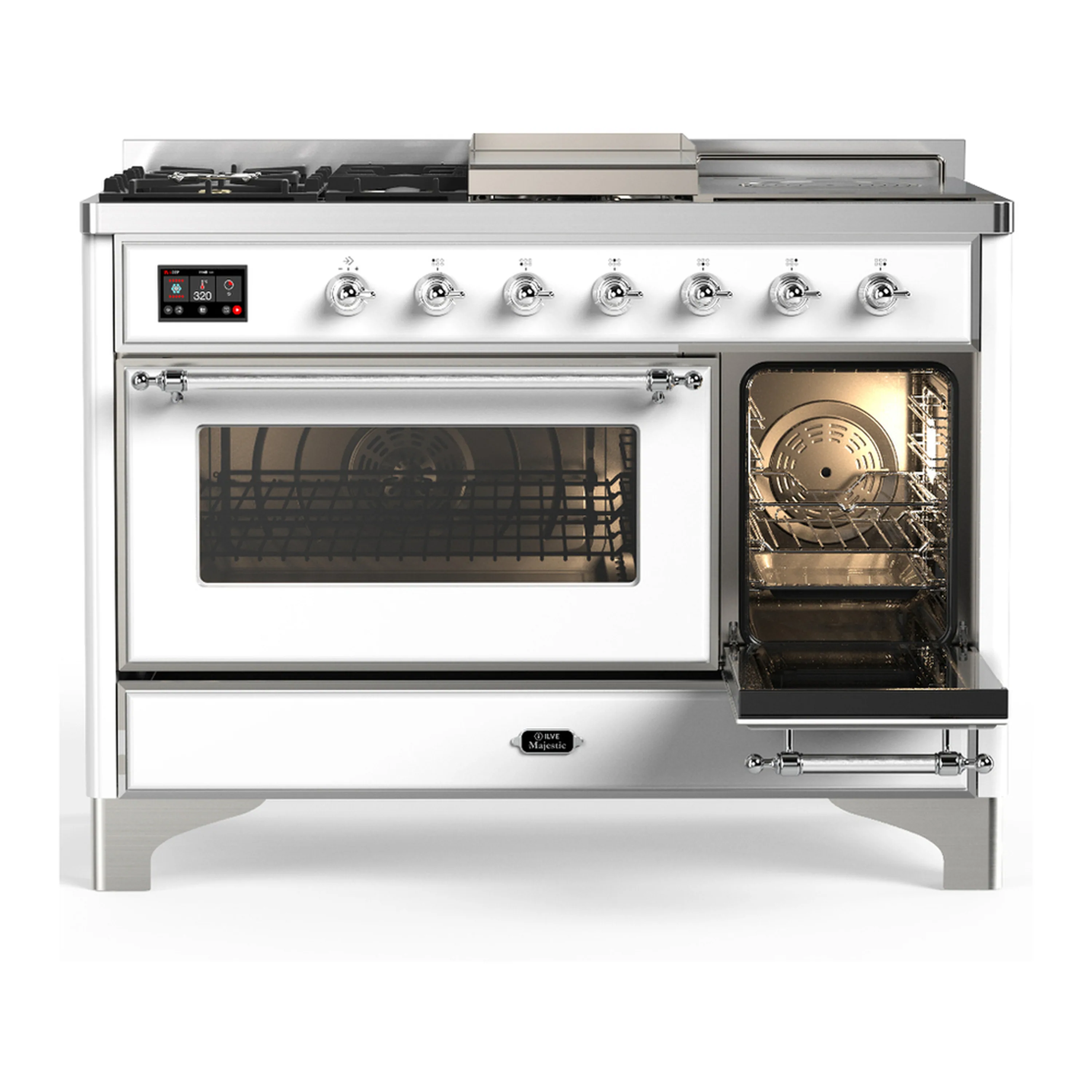 ILVE Majestic III 48-inch Dual Fuel Range with 5 Natural Gas Burner, Griddle, French Top and Triple Glass Door Electric Oven in White with Chrome Trim (UM48FSNR3WHC) - Image 4