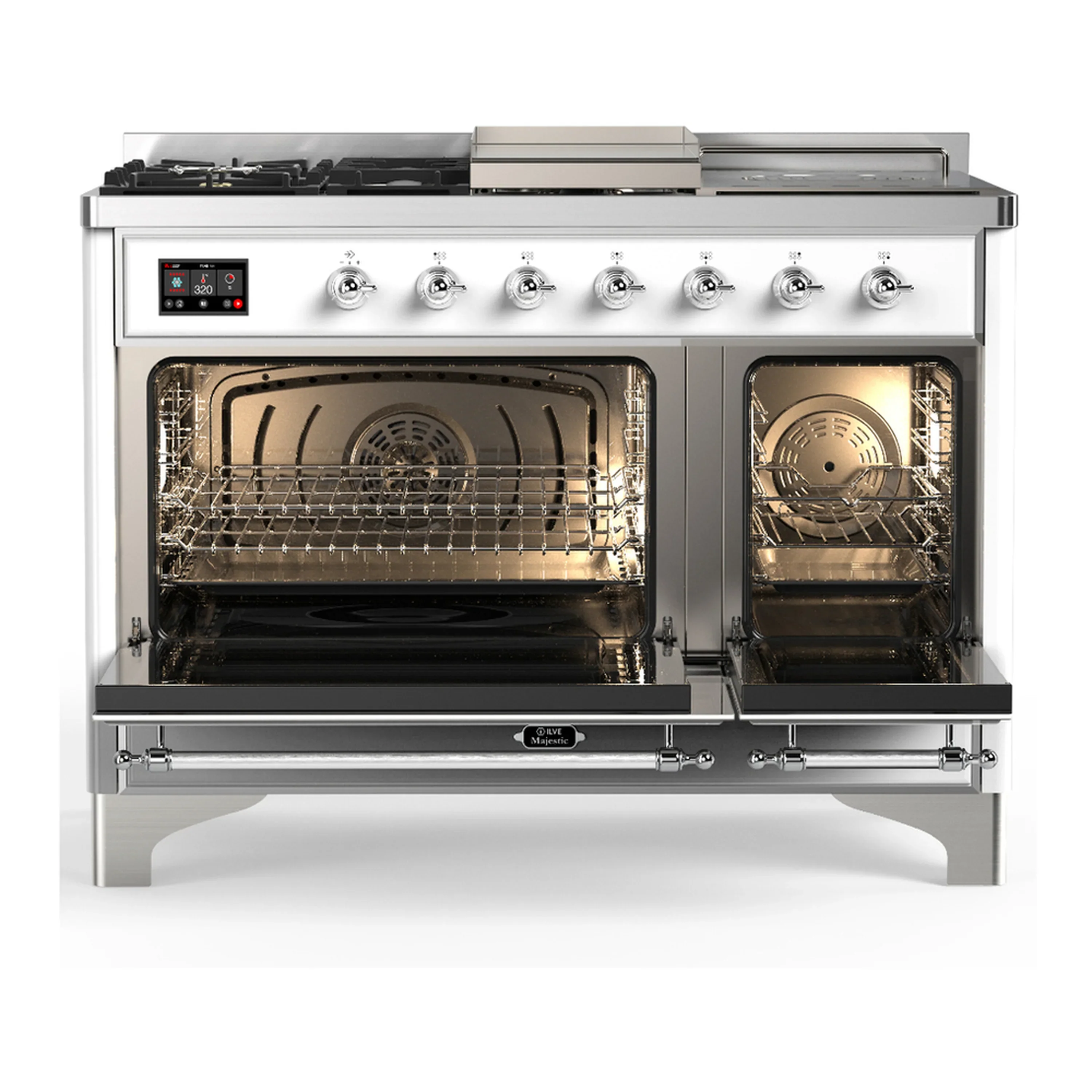 ILVE Majestic III 48-inch Dual Fuel Range with 5 Natural Gas Burner, Griddle, French Top and Triple Glass Door Electric Oven in White with Chrome Trim (UM48FSNR3WHC) - Image 6