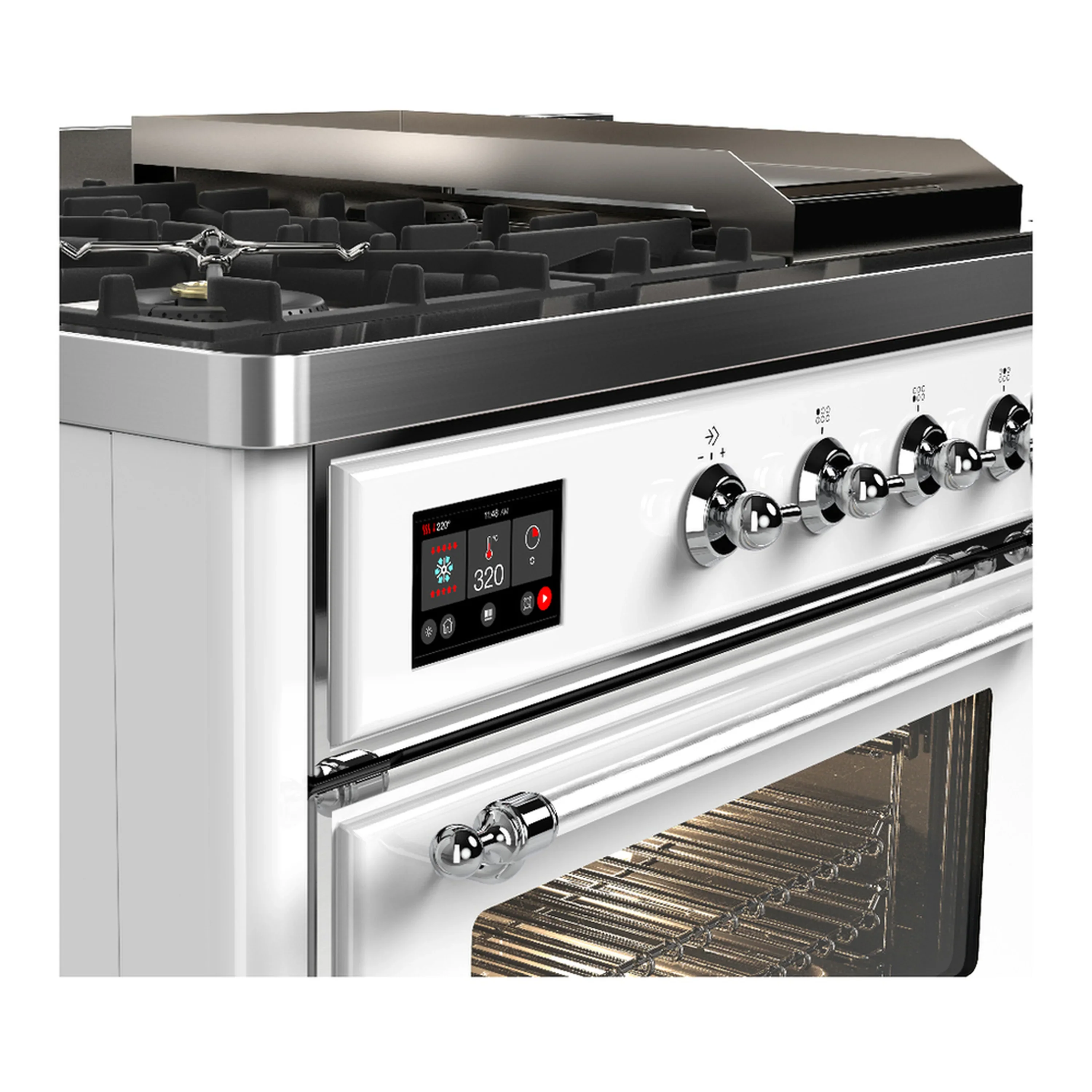ILVE Majestic III 48-inch Dual Fuel Range with 5 Natural Gas Burner, Griddle, French Top and Triple Glass Door Electric Oven in White with Chrome Trim (UM48FSNR3WHC) - Image 7