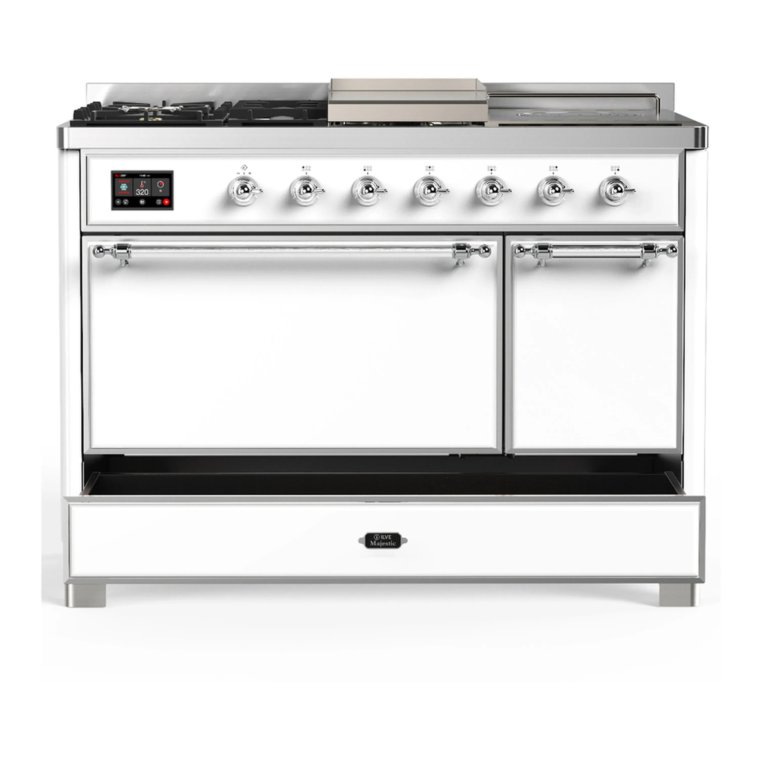 ILVE Majestic III 48-inch Dual Fuel Range with 5 Liquid Propane Burner, Griddle, French Top and Solid Door Electric Oven in White with Chrome Trim (UM48FSQNR3WHCLP) - Image 3
