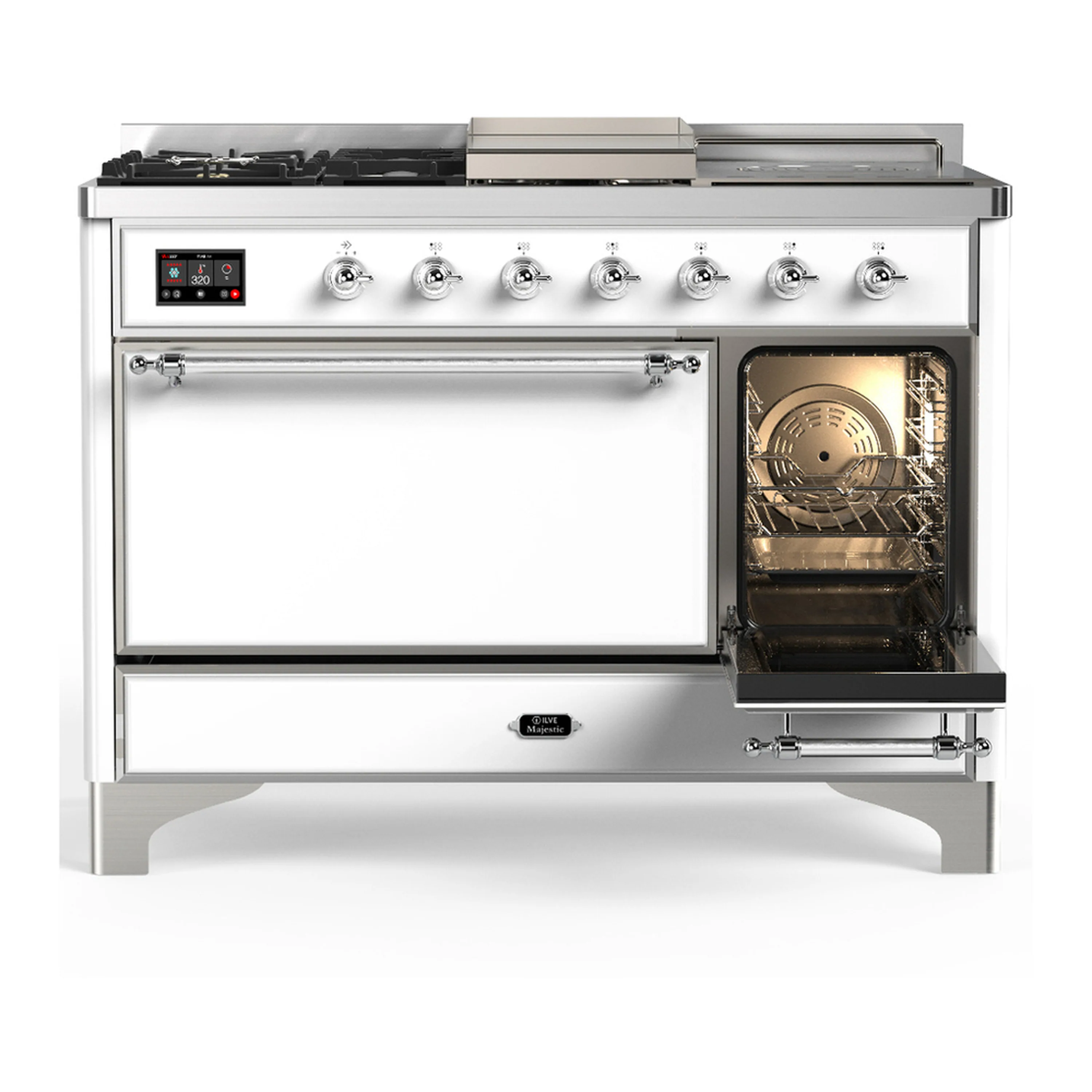 ILVE Majestic III 48-inch Dual Fuel Range with 5 Liquid Propane Burner, Griddle, French Top and Solid Door Electric Oven in White with Chrome Trim (UM48FSQNR3WHCLP) - Image 4