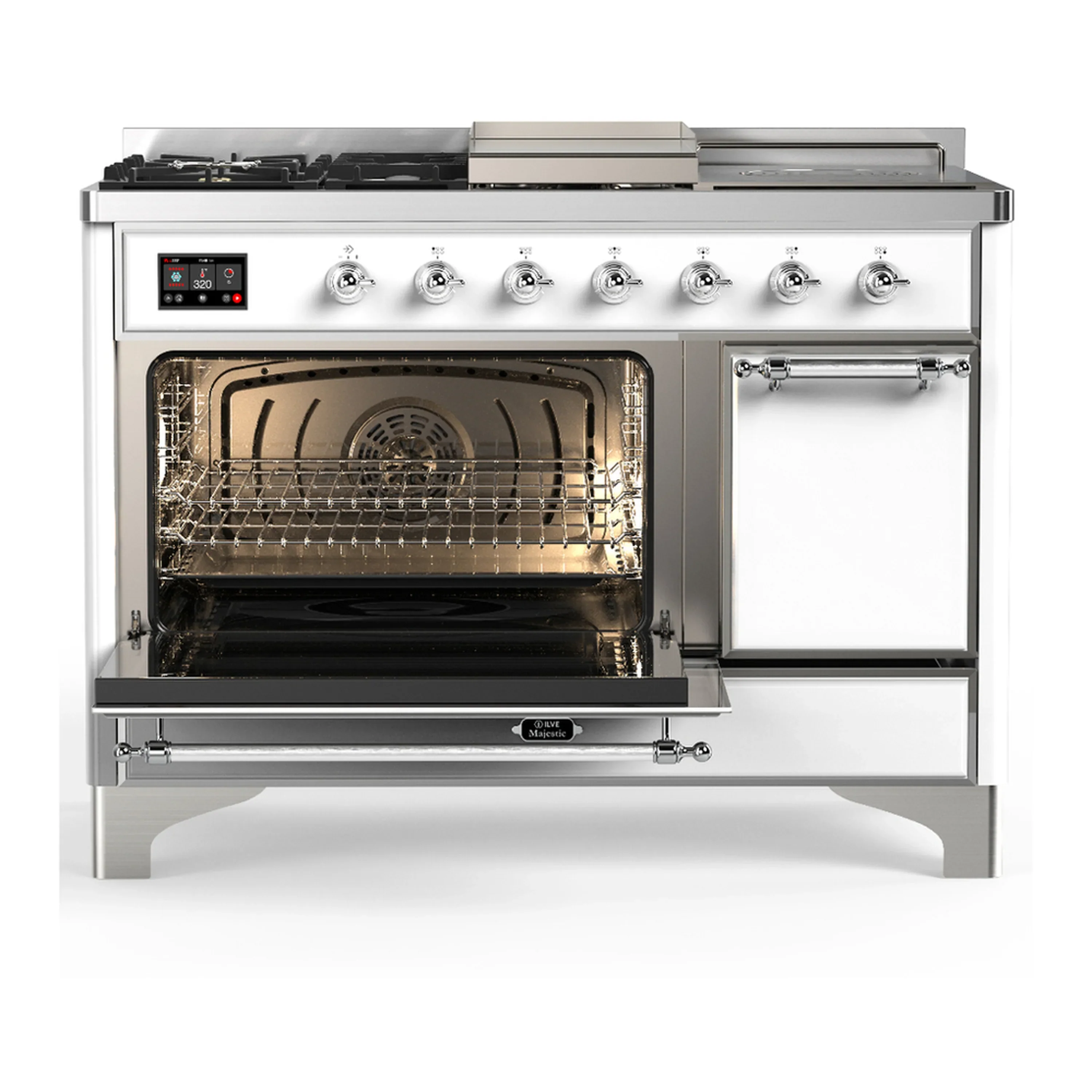 ILVE Majestic III 48-inch Dual Fuel Range with 5 Liquid Propane Burner, Griddle, French Top and Solid Door Electric Oven in White with Chrome Trim (UM48FSQNR3WHCLP) - Image 5