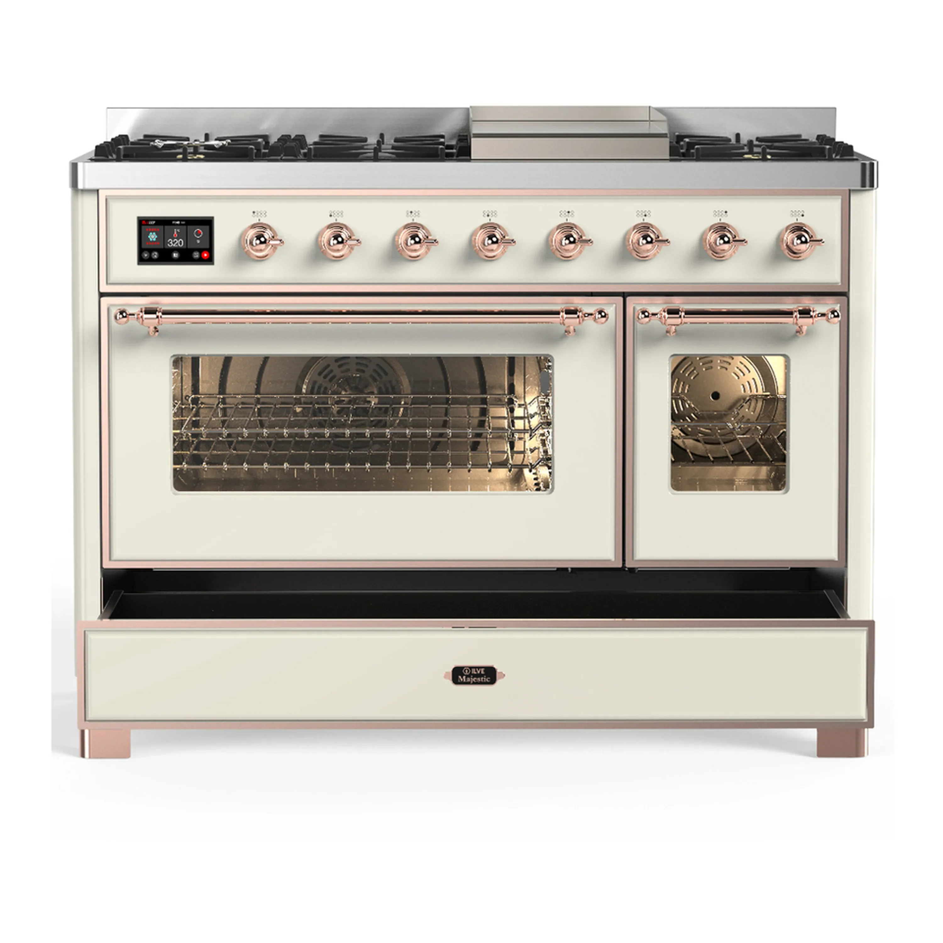 ILVE Majestic III 48-inch Dual Fuel Range with 5 Liquid Propane Burner, Griddle and Triple Glass Door Electric Oven in Antique White with Copper Trim (UM48FNR3AWPLP) - Image 3