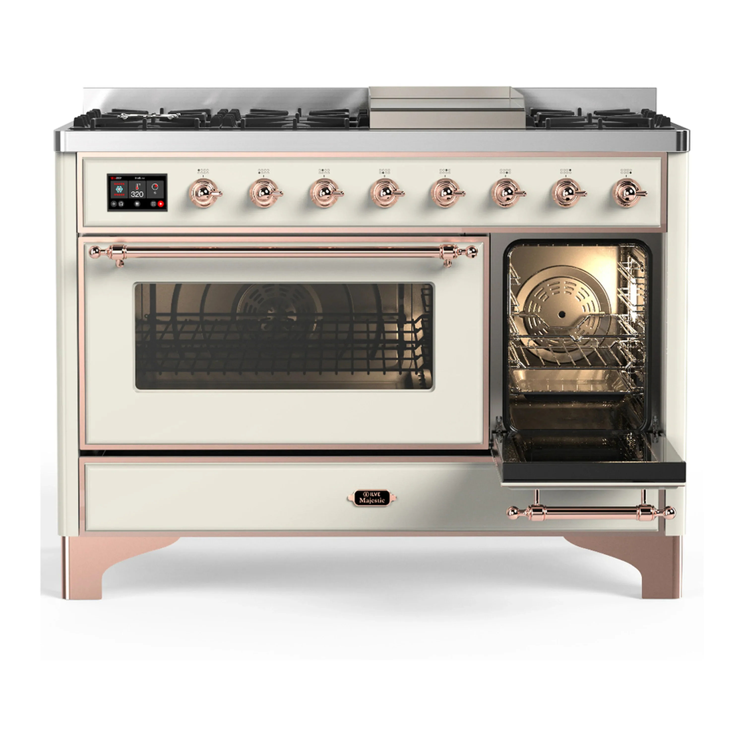 ILVE Majestic III 48-inch Dual Fuel Range with 5 Liquid Propane Burner, Griddle and Triple Glass Door Electric Oven in Antique White with Copper Trim (UM48FNR3AWPLP) - Image 4