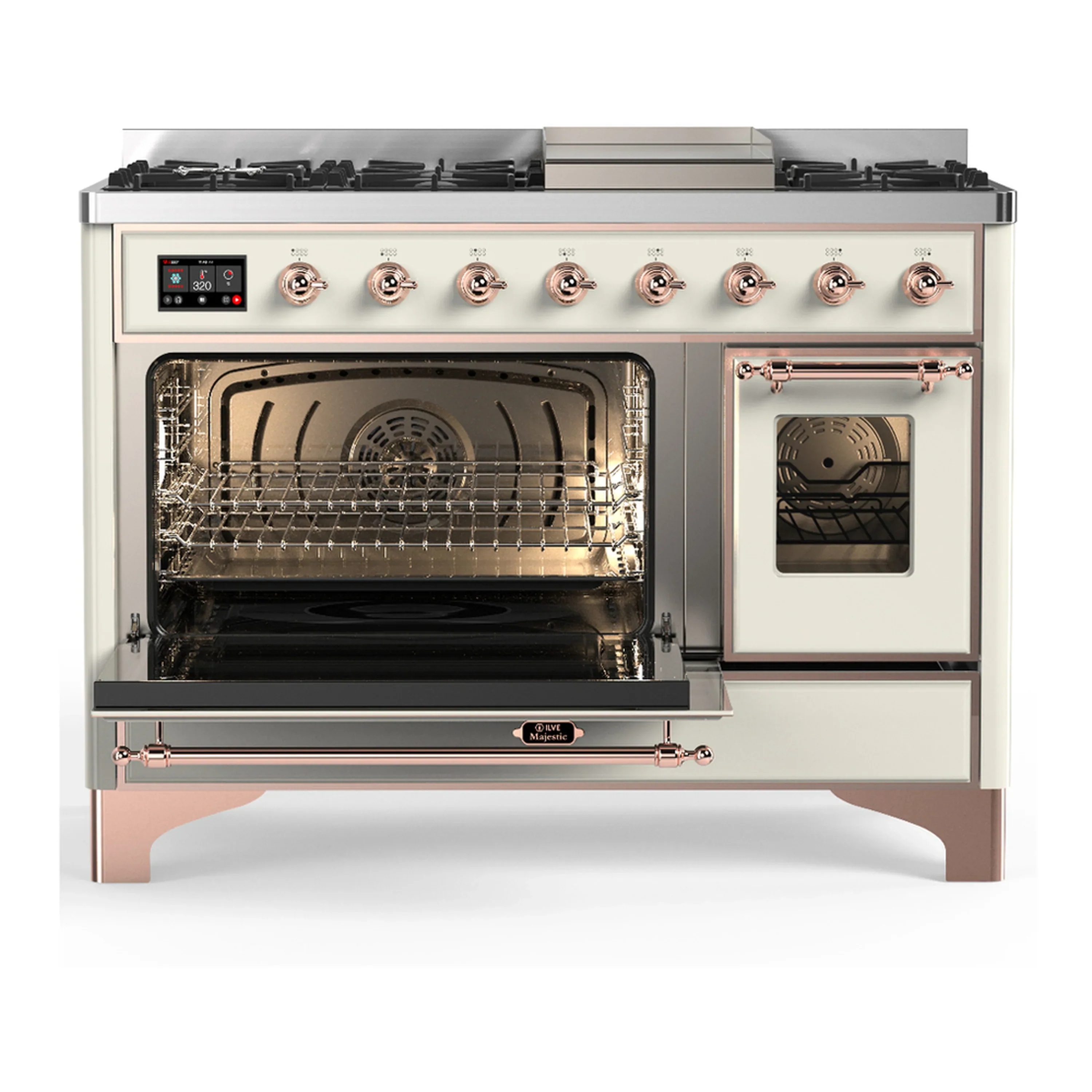 ILVE Majestic III 48-inch Dual Fuel Range with 5 Liquid Propane Burner, Griddle and Triple Glass Door Electric Oven in Antique White with Copper Trim (UM48FNR3AWPLP) - Image 5