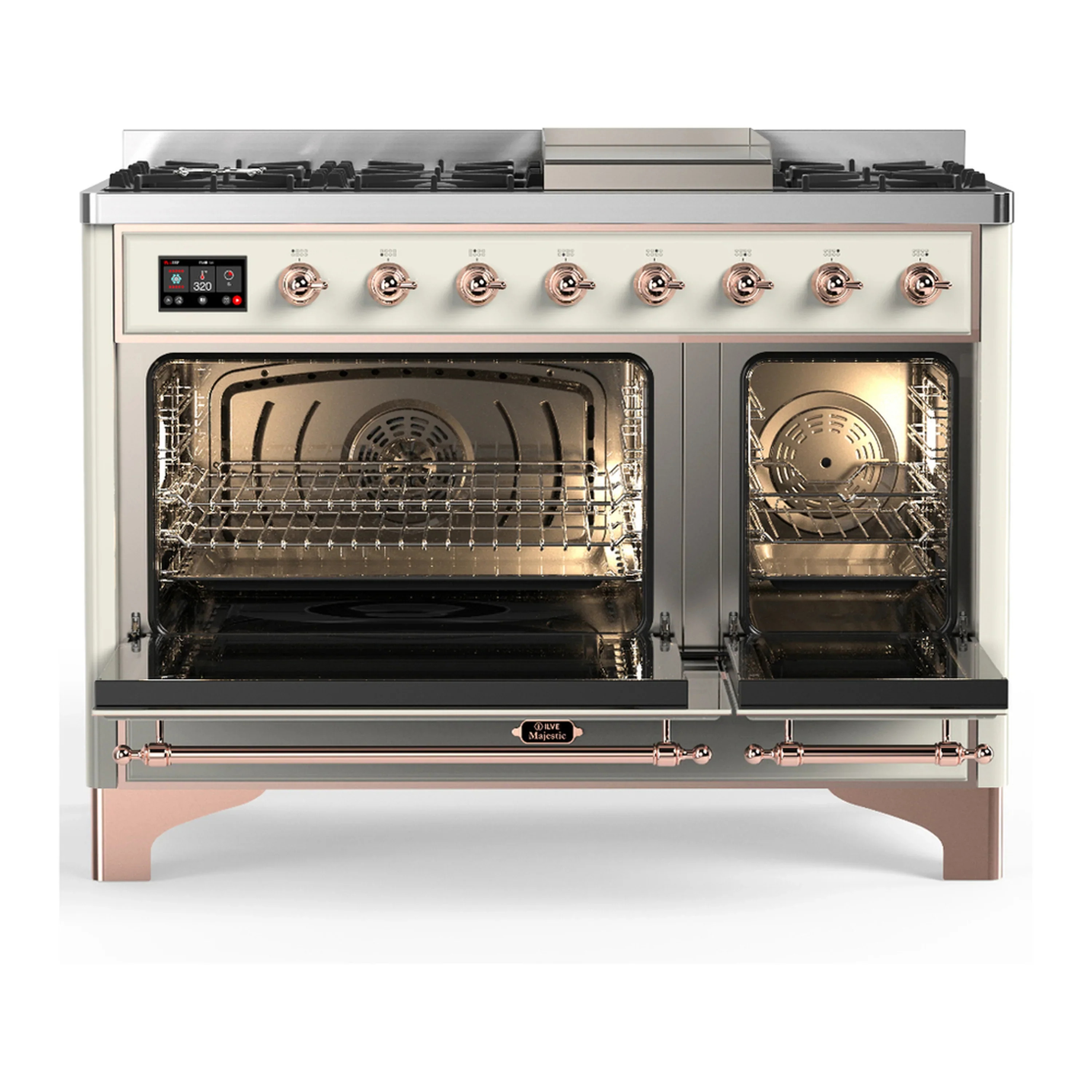 ILVE Majestic III 48-inch Dual Fuel Range with 5 Liquid Propane Burner, Griddle and Triple Glass Door Electric Oven in Antique White with Copper Trim (UM48FNR3AWPLP) - Image 6
