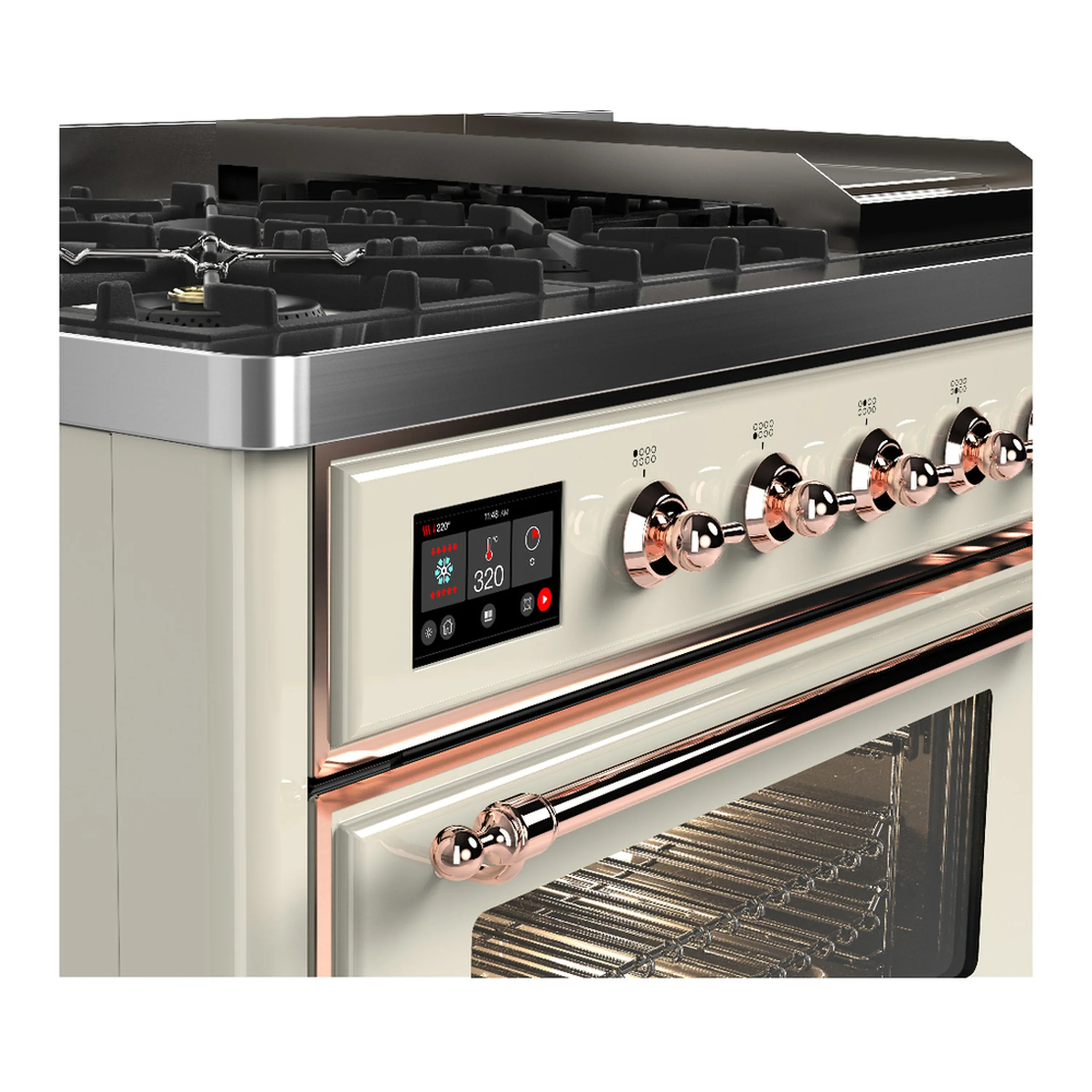 ILVE Majestic III 48-inch Dual Fuel Range with 5 Liquid Propane Burner, Griddle and Triple Glass Door Electric Oven in Antique White with Copper Trim (UM48FNR3AWPLP) - Image 7