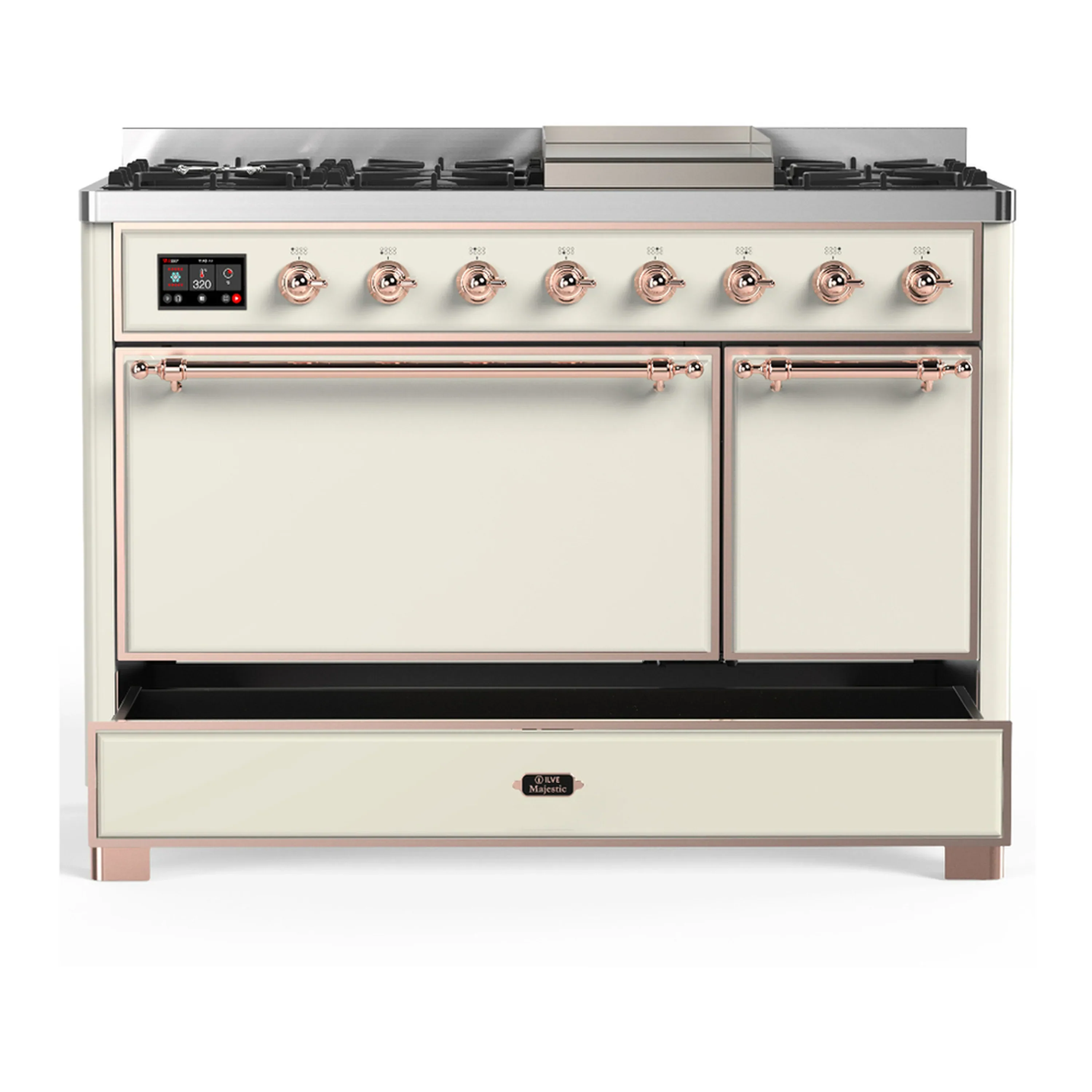 ILVE Majestic III 48-inch Dual Fuel Range with 5 Natural Gas Burner, Griddle and Solid Door Electric Oven in Antique White with Copper Trim (UM48FQNR3AWP) - Image 3