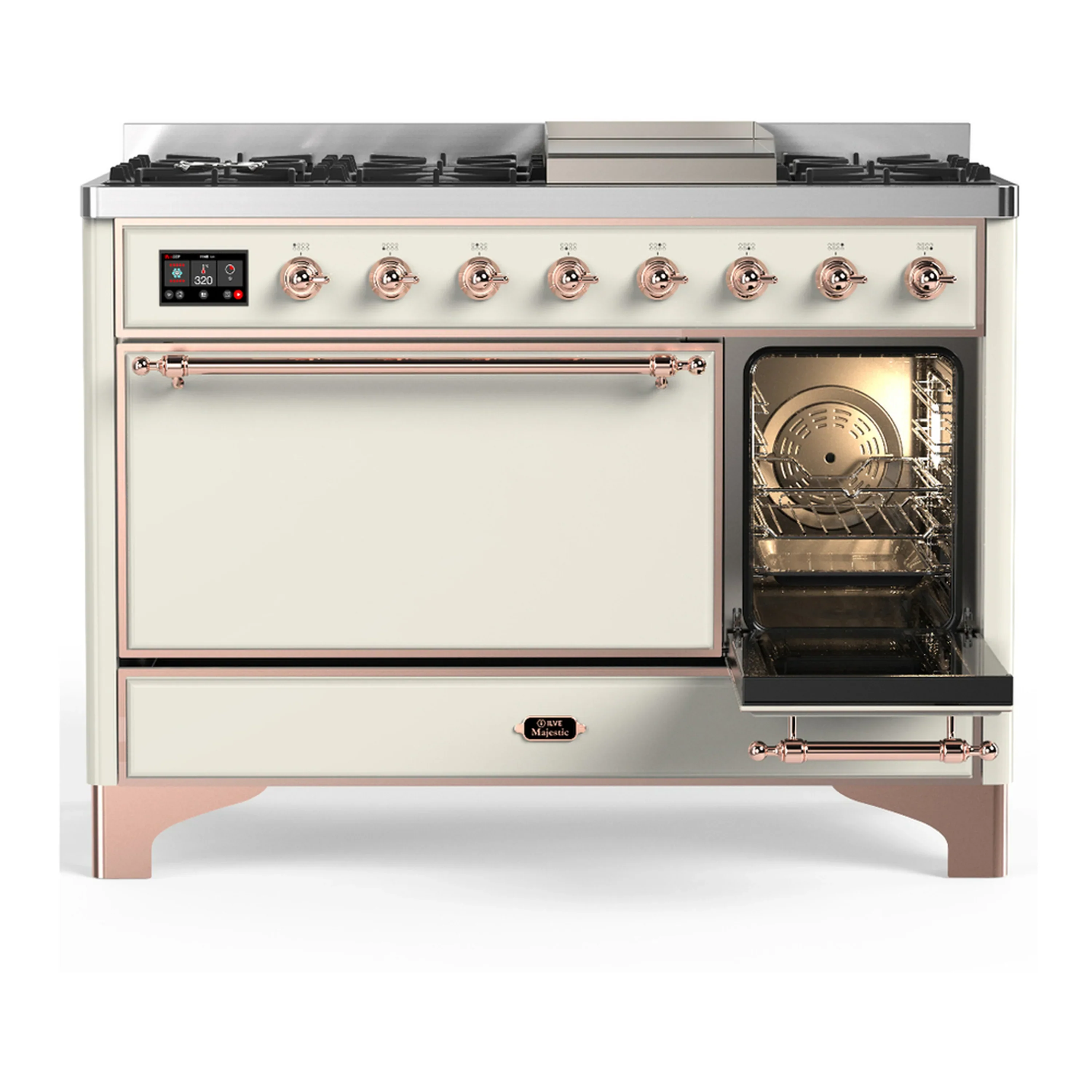 ILVE Majestic III 48-inch Dual Fuel Range with 5 Natural Gas Burner, Griddle and Solid Door Electric Oven in Antique White with Copper Trim (UM48FQNR3AWP) - Image 4