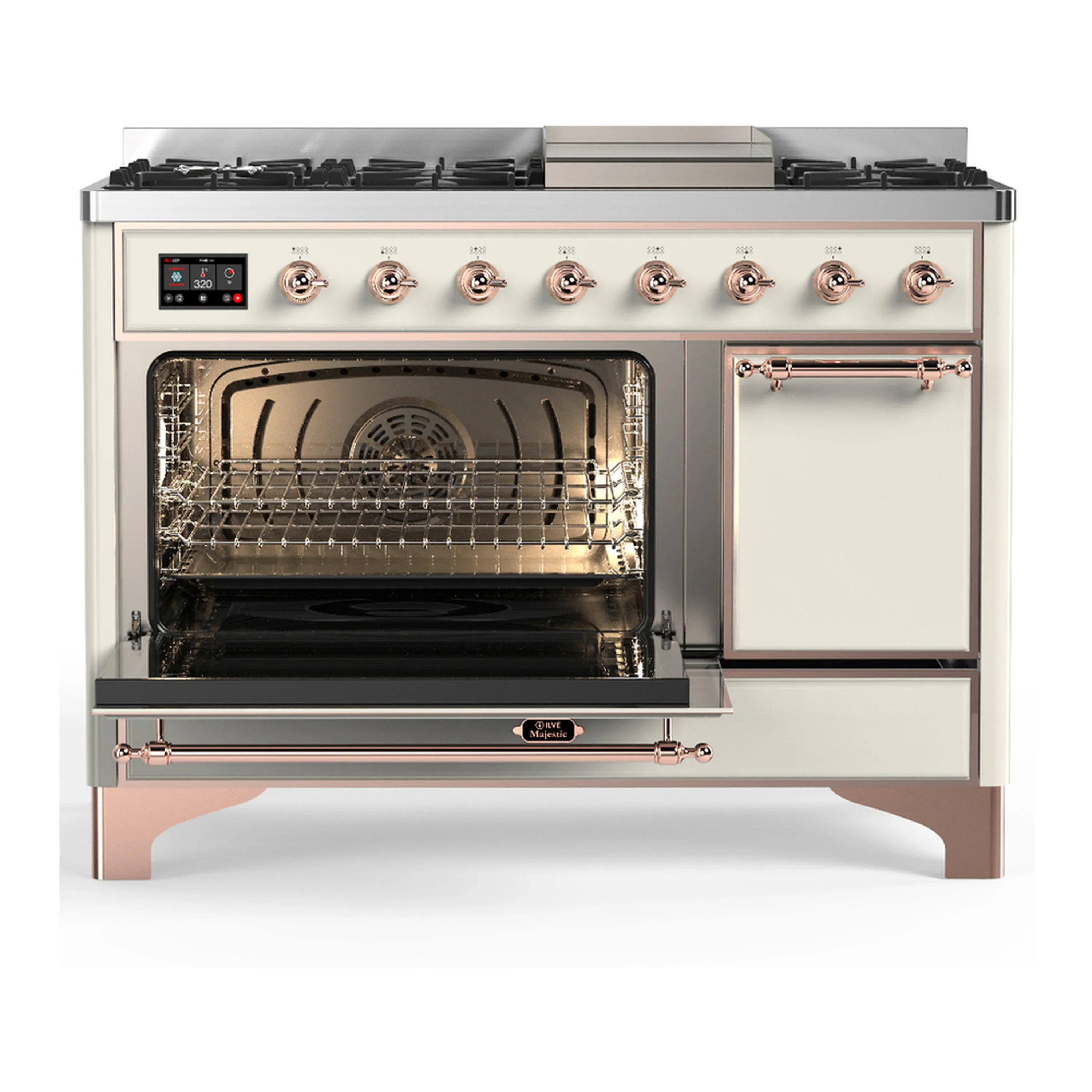 ILVE Majestic III 48-inch Dual Fuel Range with 5 Natural Gas Burner, Griddle and Solid Door Electric Oven in Antique White with Copper Trim (UM48FQNR3AWP) - Image 5
