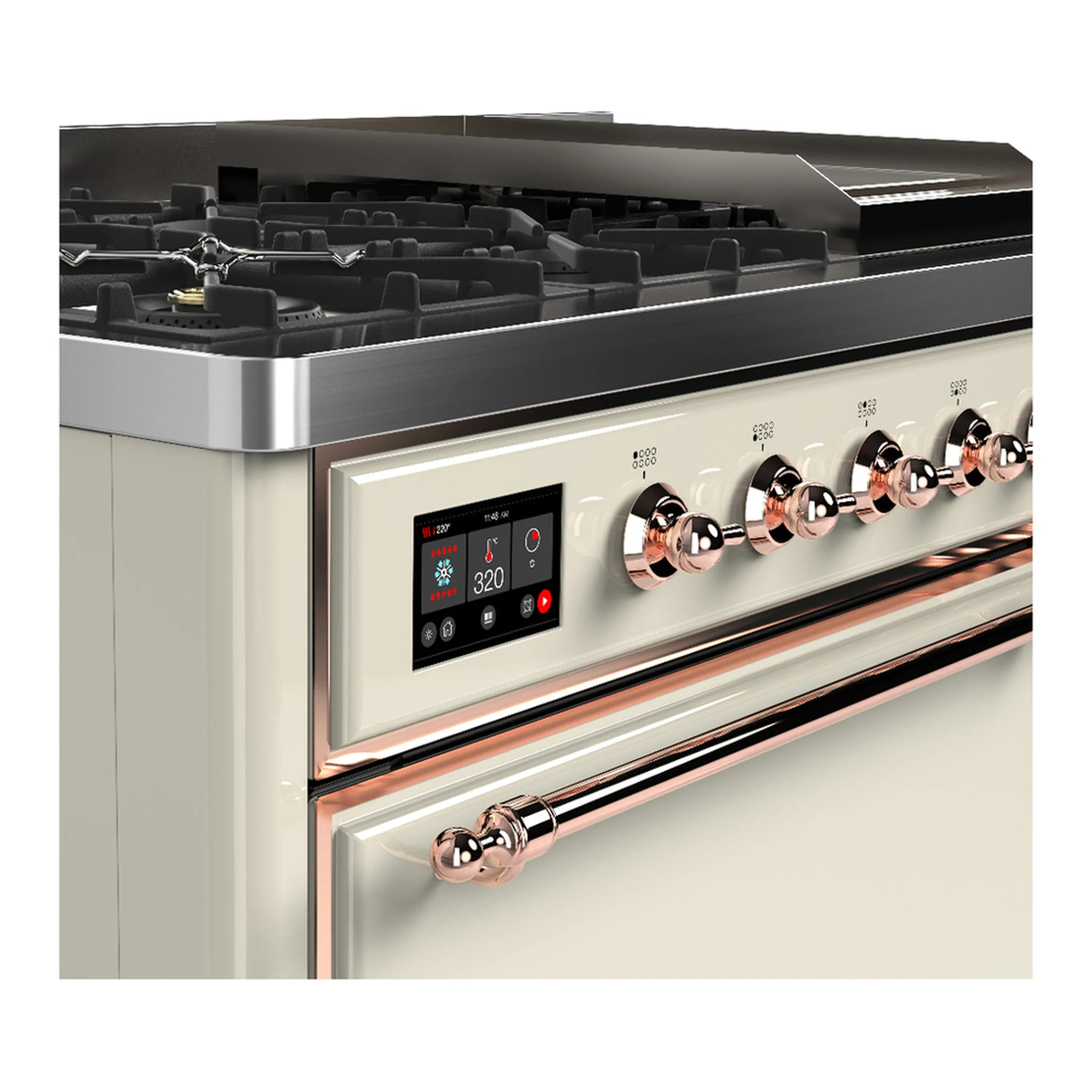 ILVE Majestic III 48-inch Dual Fuel Range with 5 Natural Gas Burner, Griddle and Solid Door Electric Oven in Antique White with Copper Trim (UM48FQNR3AWP) - Image 7