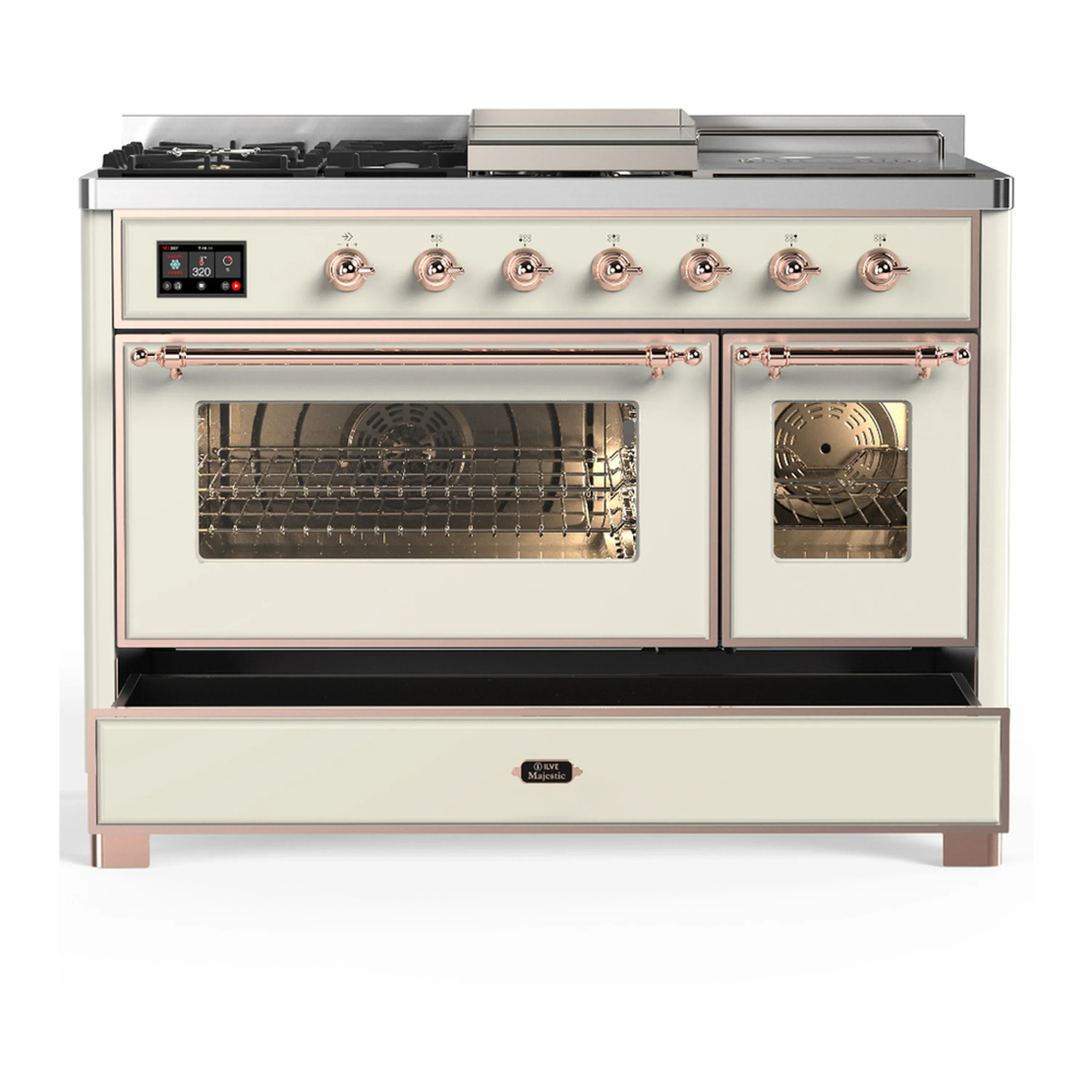 ILVE Majestic III 48-inch Dual Fuel Range with 5 Natural Gas Burner, Griddle, French Top and Triple Glass Door Electric Oven in Antique White with Copper Trim (UM48FSNR3AWP) - Image 3