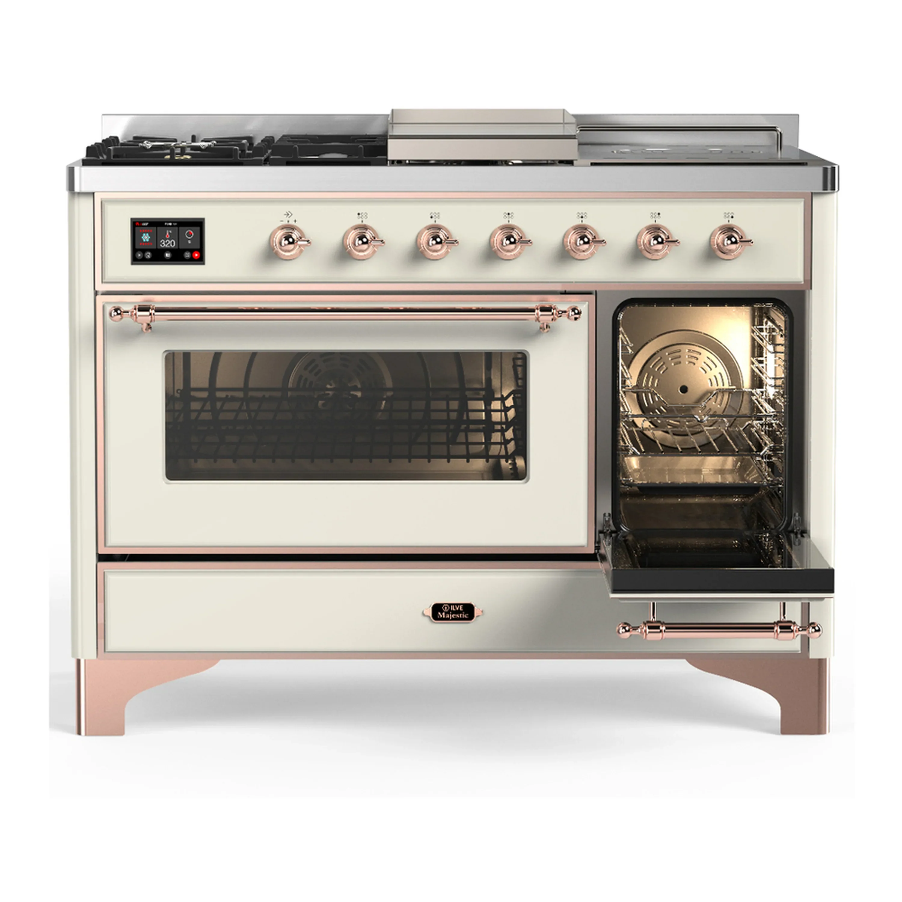 ILVE Majestic III 48-inch Dual Fuel Range with 5 Natural Gas Burner, Griddle, French Top and Triple Glass Door Electric Oven in Antique White with Copper Trim (UM48FSNR3AWP) - Image 4